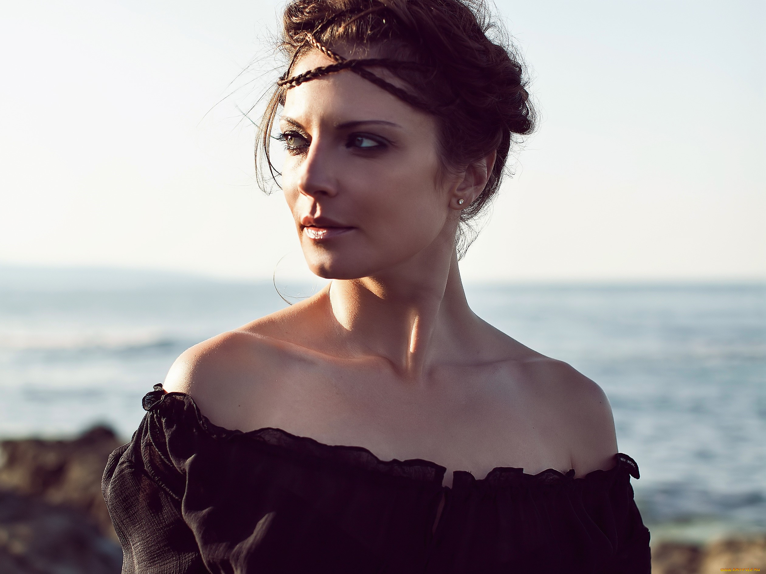 девушки, teodora, duhovnikova, шатенка, косички, блузка, берег