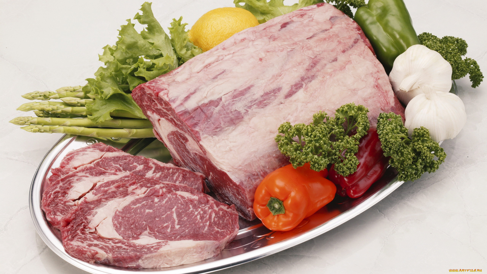 еда, мясные, блюда, спаржа, перец, чеснок, мясо, свежее