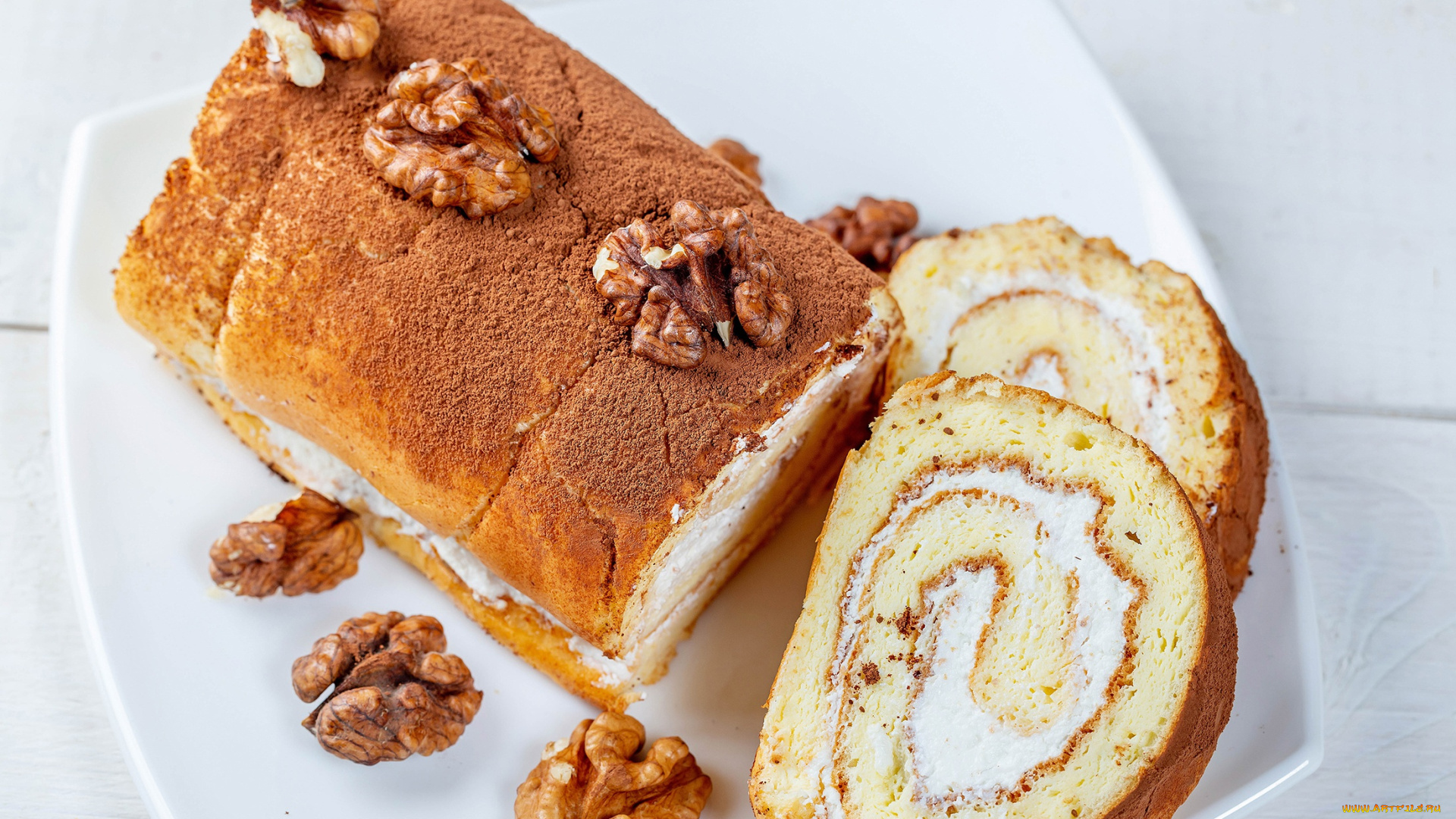 еда, пирожные, , кексы, , печенье, грецкие, орехи, бисквитный, рулет