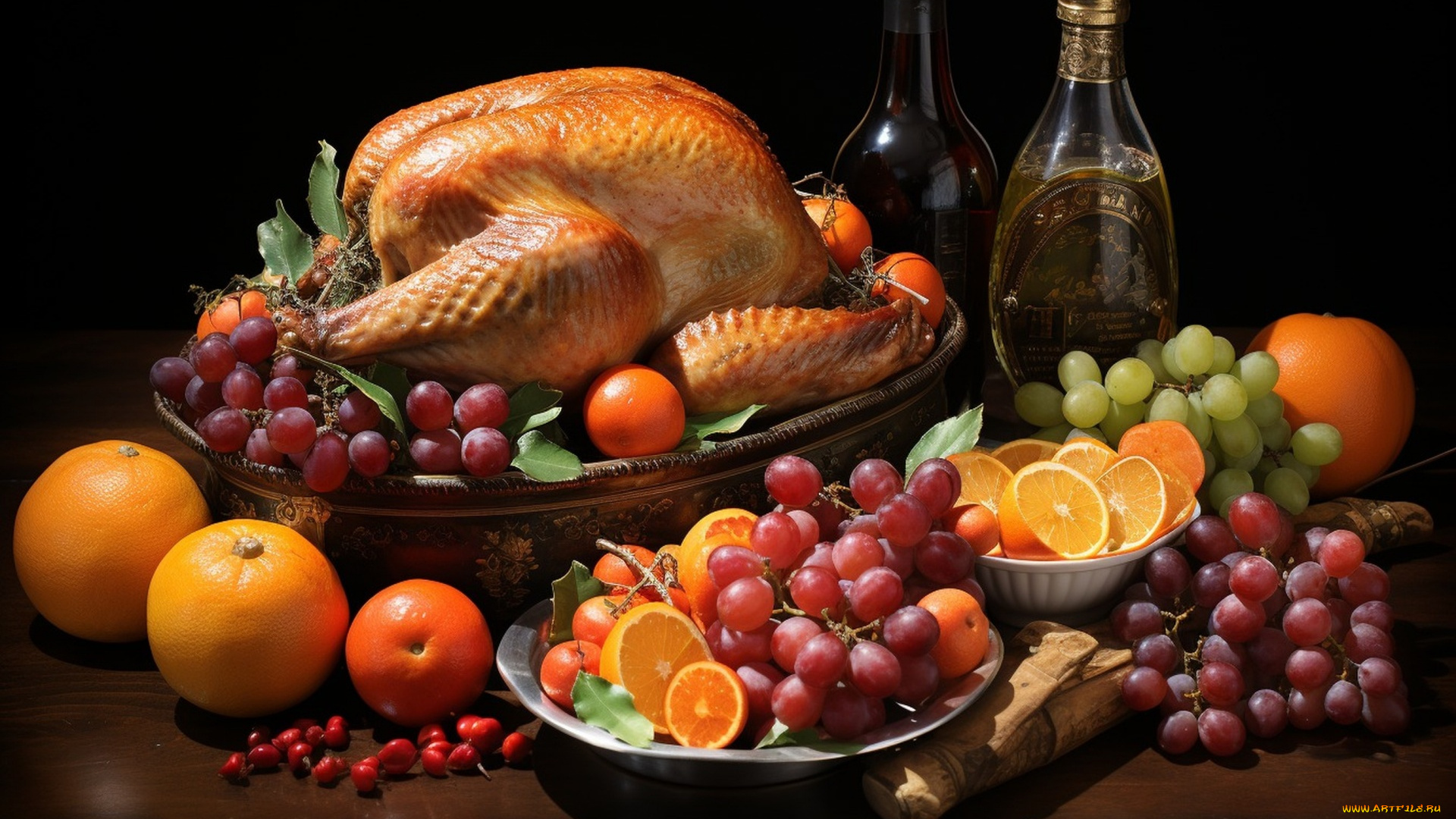 еда, разное, запеченная, курица, виноград, цитрусы