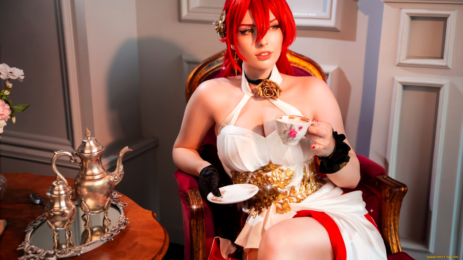 девушки, анастасия, волкова, , svizee, образ, косплей, наряд, костюм, кресло, стол, блюдце, чашка, кофейник