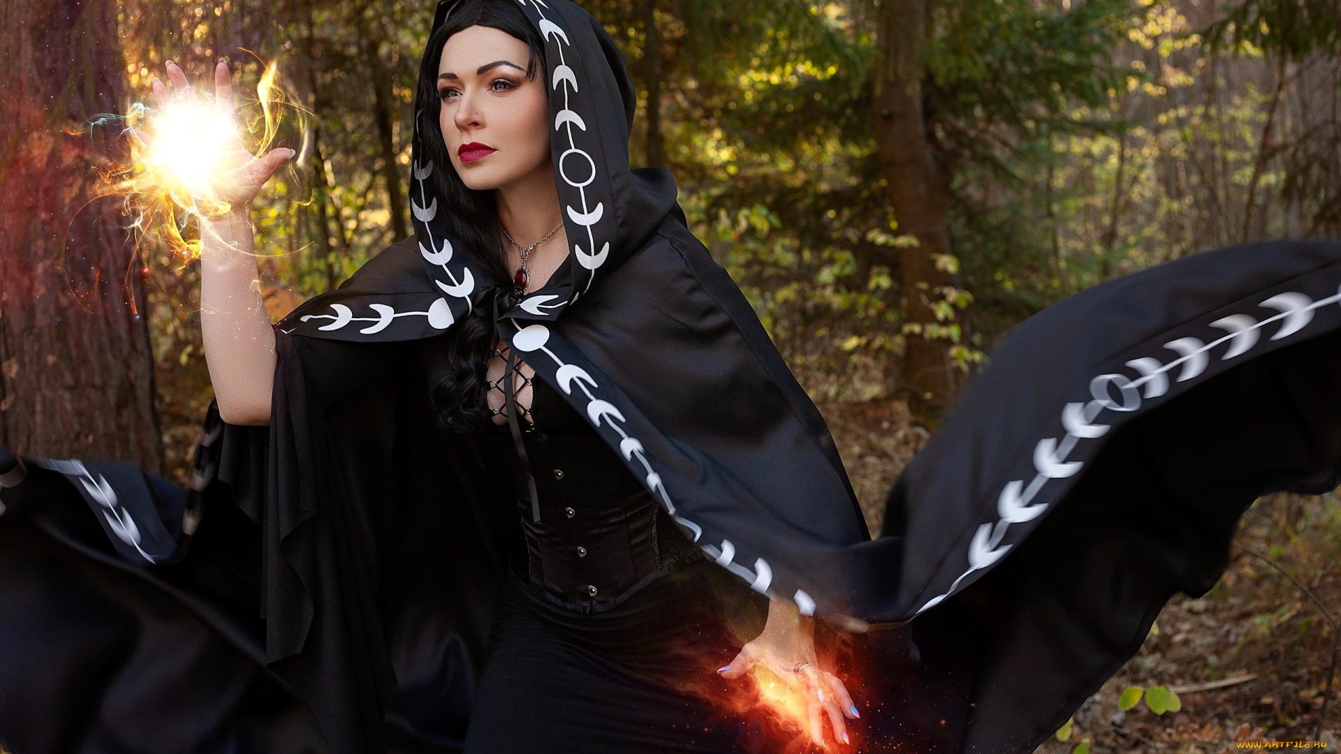 девушки, юлия, огородникова, образ, косплей, наряд, костюм, капюшон, ведьма, магия, лес, осень