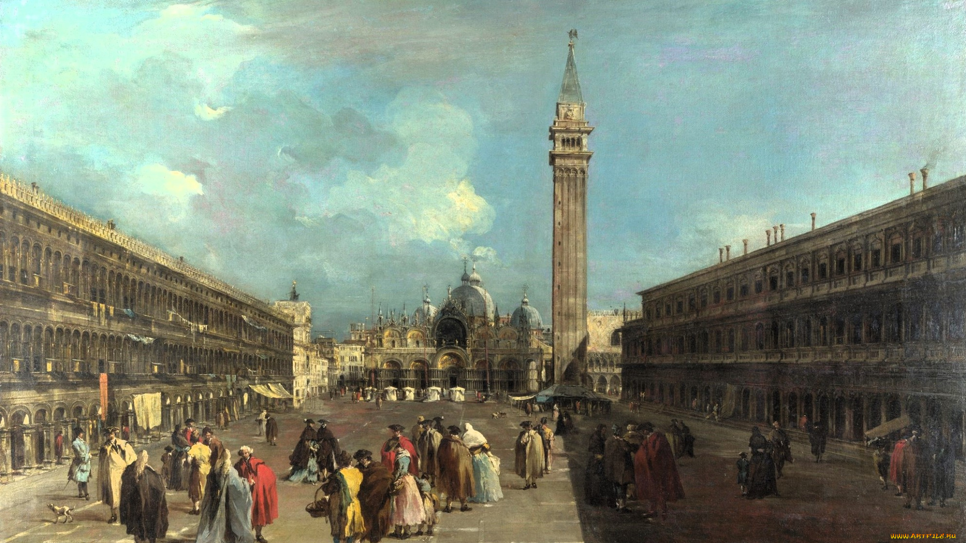 francesco, guardi, рисованное, живопись, площадь, люди, здания, башня