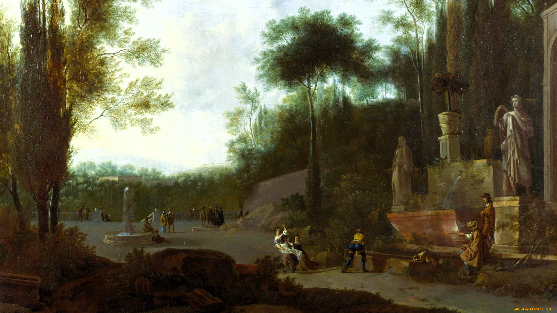 frederick, de, moucheron, a, landscape, with, classical, ruins, рисованное, живопись, парк, деревья, люди, статуи