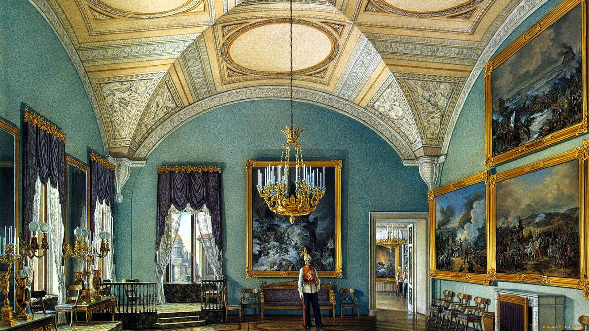 рисованное, эдуард, гау, дворец, интерьер, зал, лепнина, люстра, картины, стулья, окна, солдат, свечи