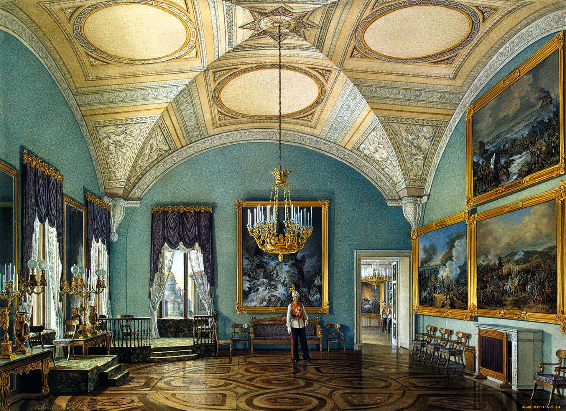 рисованное, эдуард, гау, дворец, интерьер, зал, лепнина, люстра, картины, стулья, окна, солдат, свечи