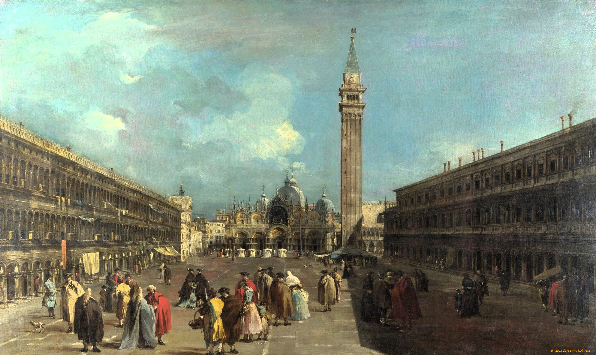 francesco, guardi, рисованное, живопись, площадь, люди, здания, башня
