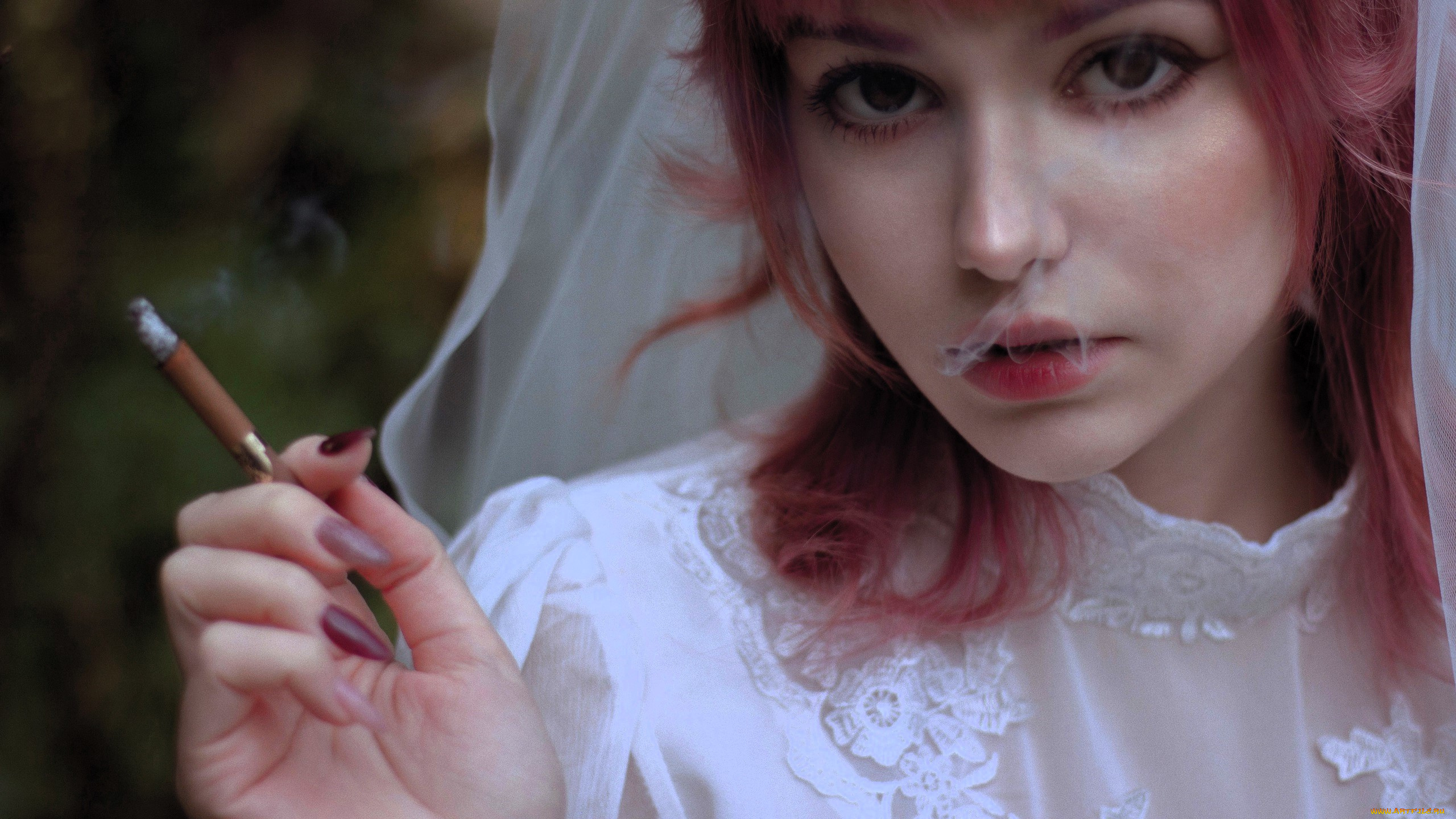 девушки, tenletters, образ, косплей, наряд, фата, невеста, лицо, сигарета, дым, платье