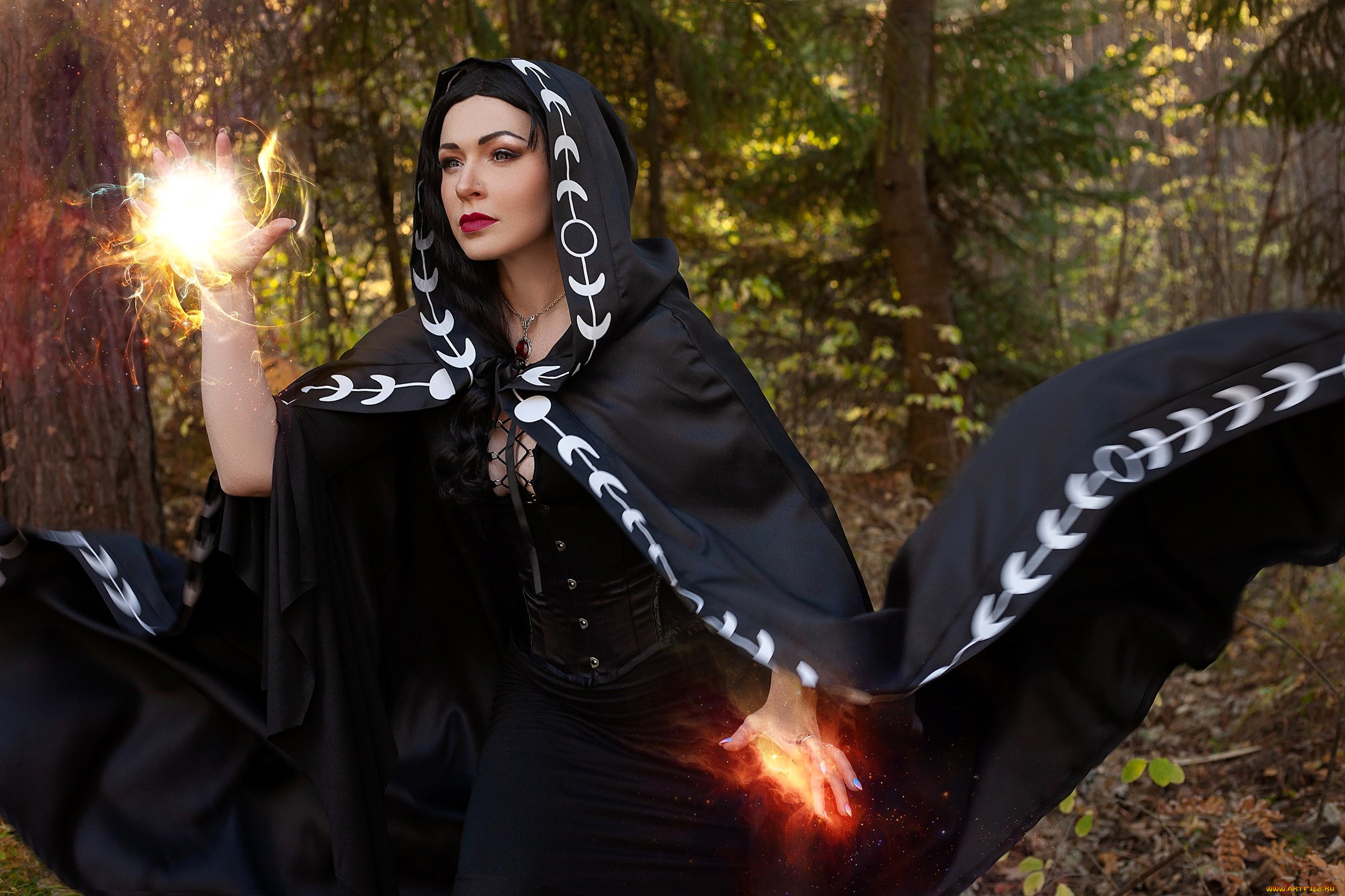 девушки, юлия, огородникова, образ, косплей, наряд, костюм, капюшон, ведьма, магия, лес, осень