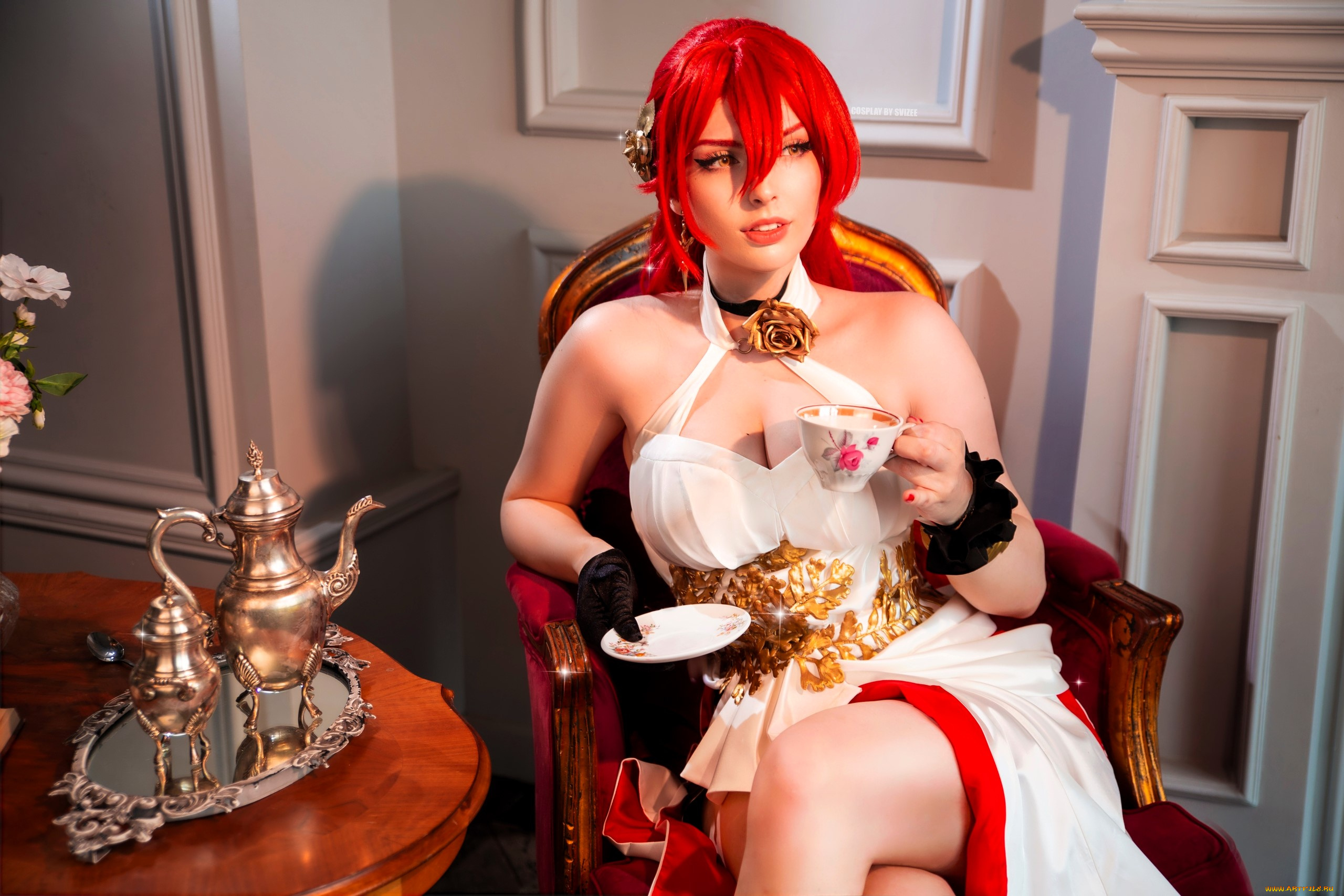 девушки, анастасия, волкова, , svizee, образ, косплей, наряд, костюм, кресло, стол, блюдце, чашка, кофейник