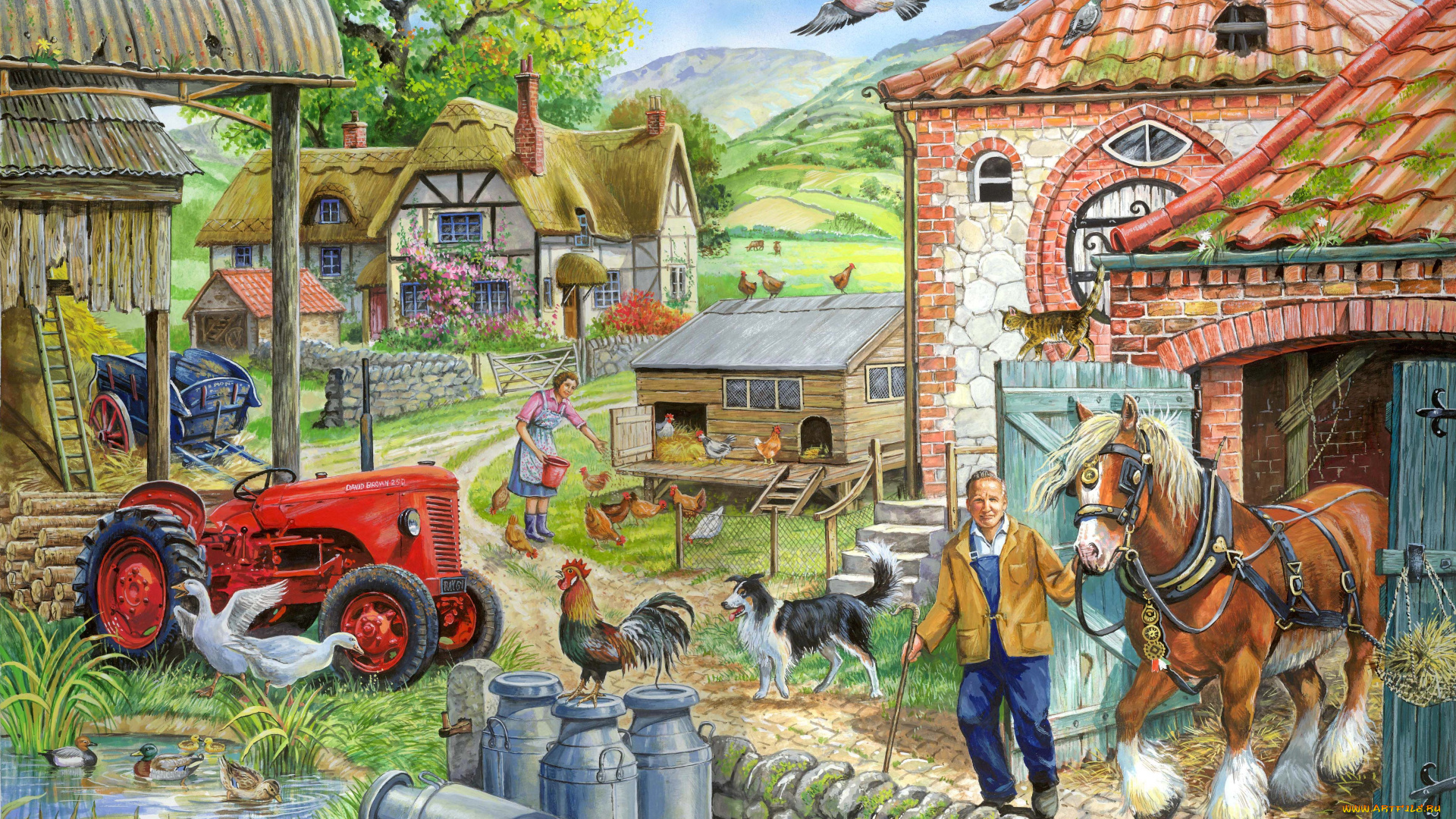рисованные, люди, трактор, ферма, лошадь