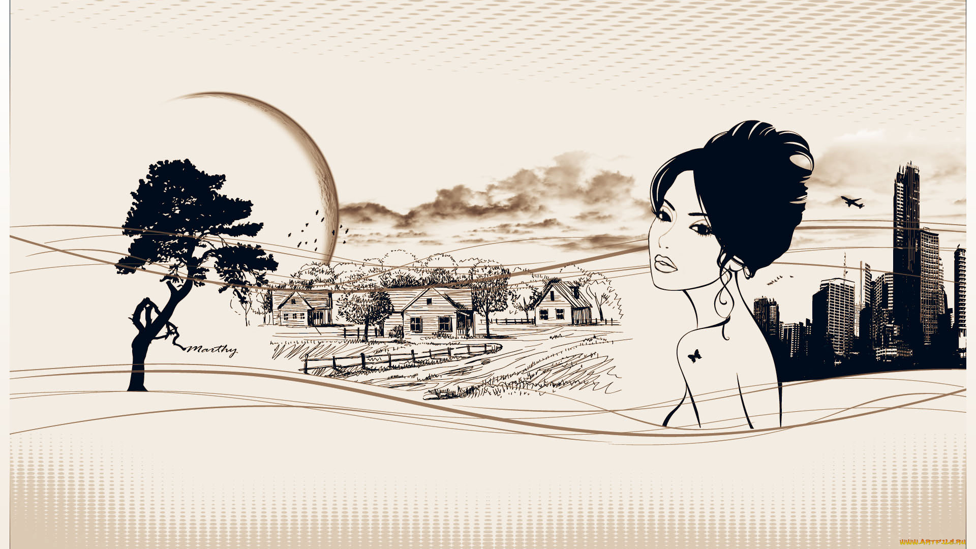 векторная, графика, дома, девушка, деревья