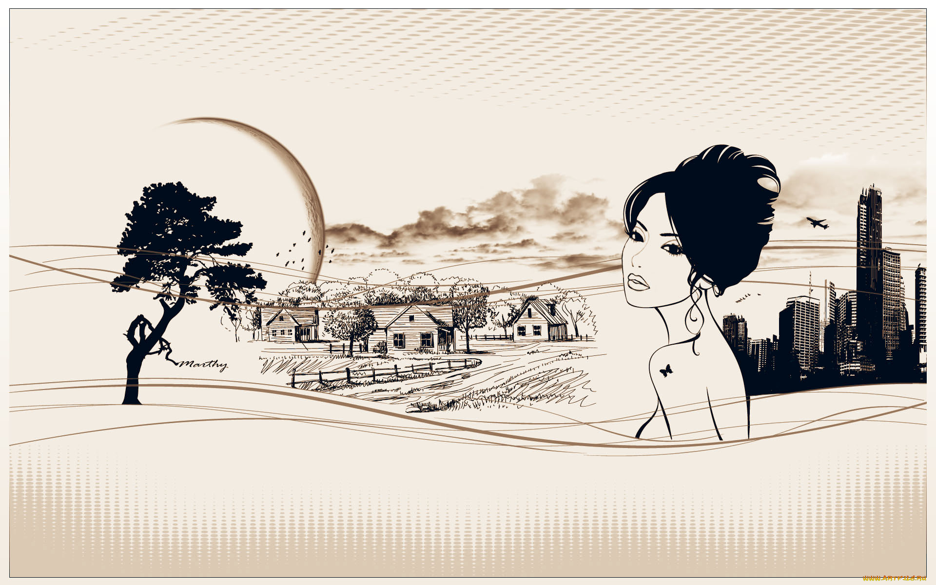 векторная, графика, дома, девушка, деревья