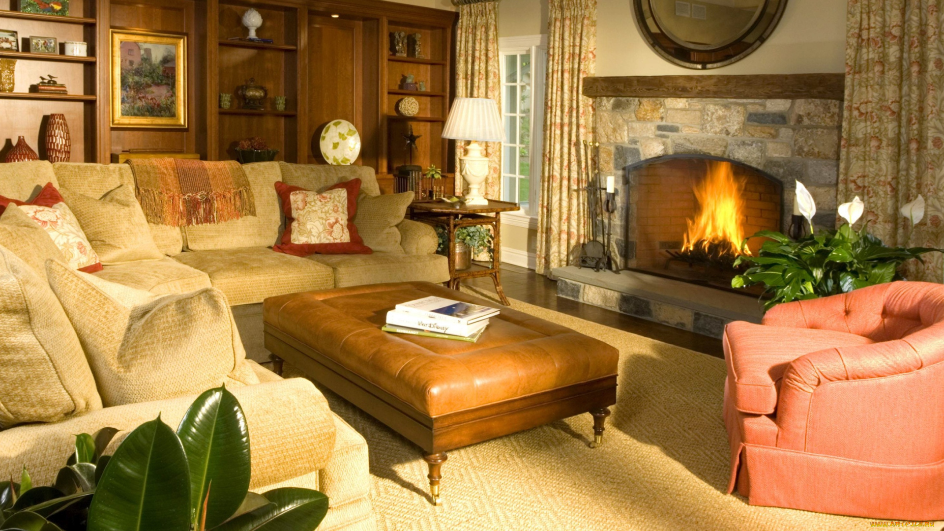 интерьер, гостиная, камин, кресло, диван, стол, цветы