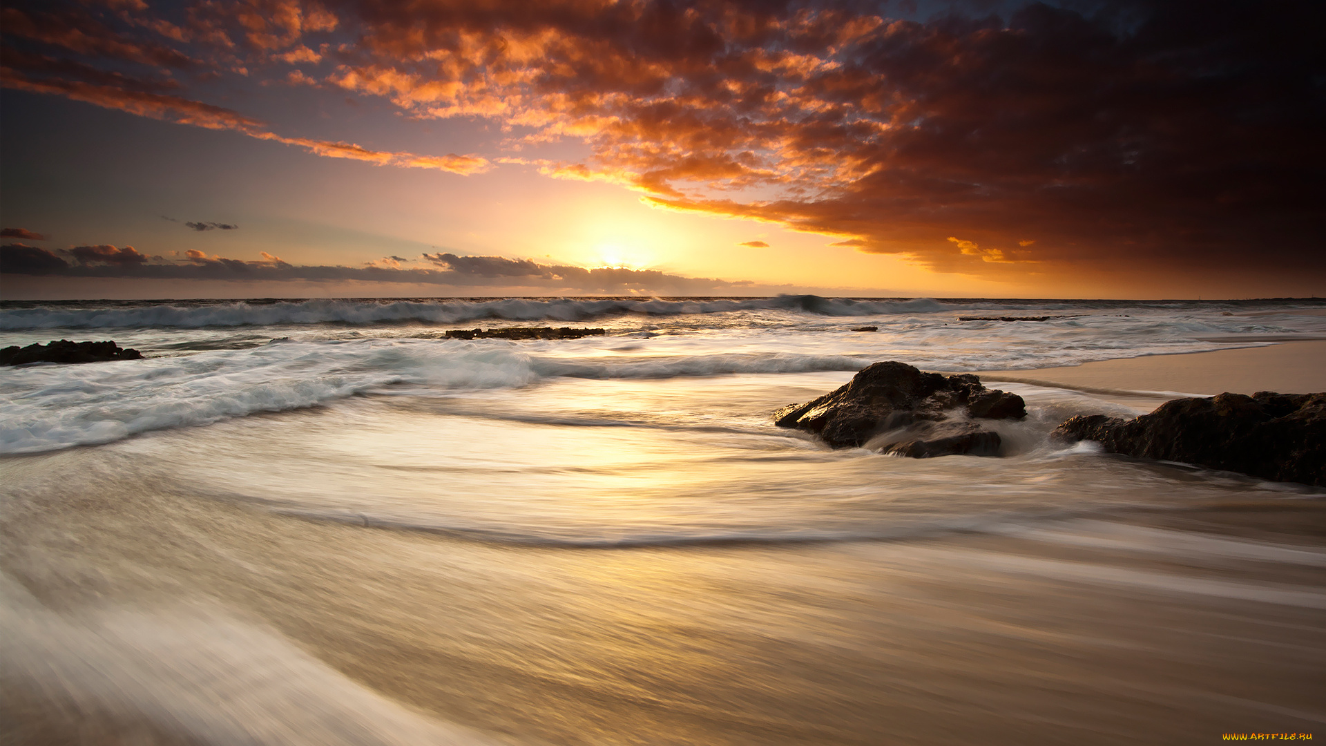 природа, побережье, закат, океан, пляж, волны, тучи