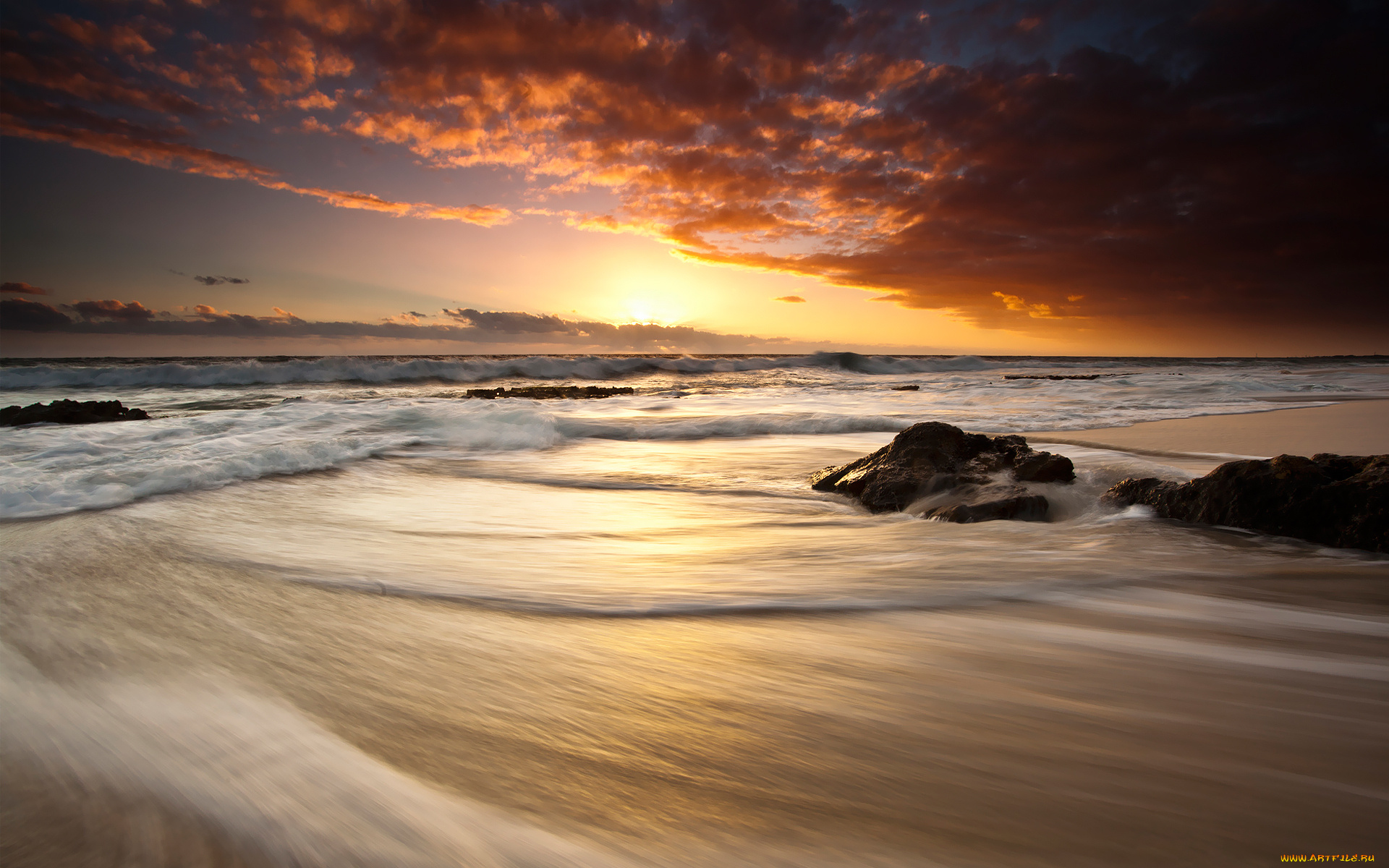 природа, побережье, закат, океан, пляж, волны, тучи