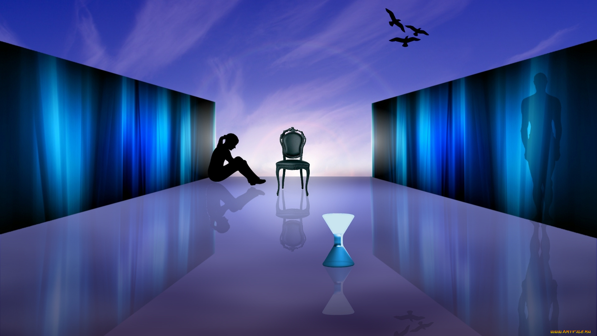 3д, графика, другое, отражение, стены, птицы, девушка