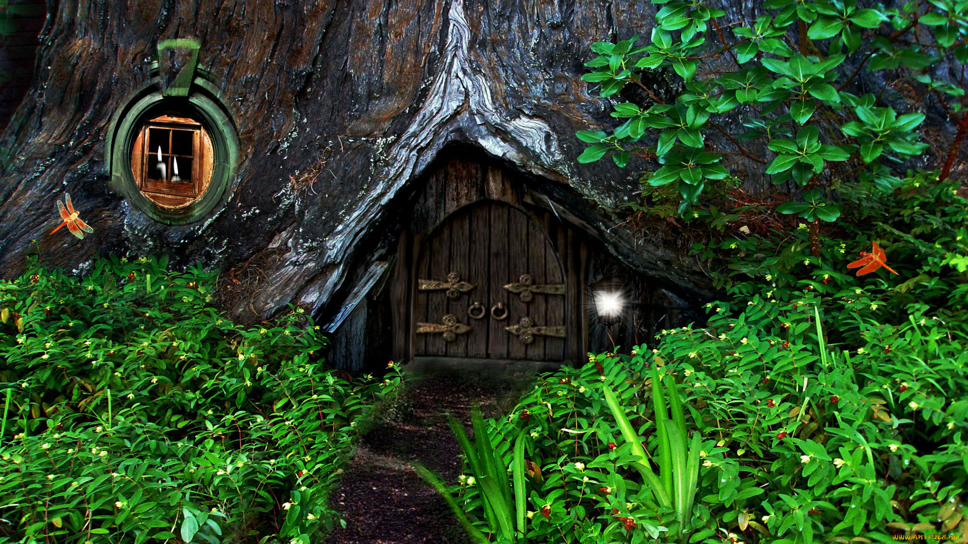 3д, графика, fantasy, фантазия, лес, дерево, стрекозы, трава, ягоды, избушка