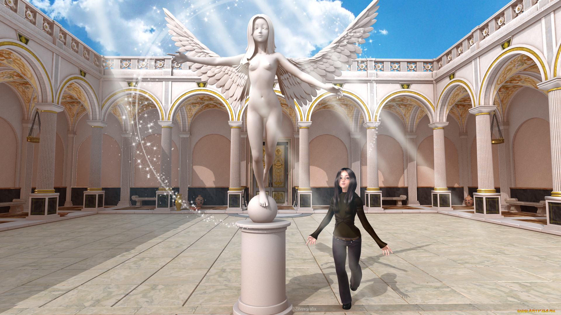 3д, графика, fantasy, фантазия, скульптура, ангел, дом, колонны, девушка