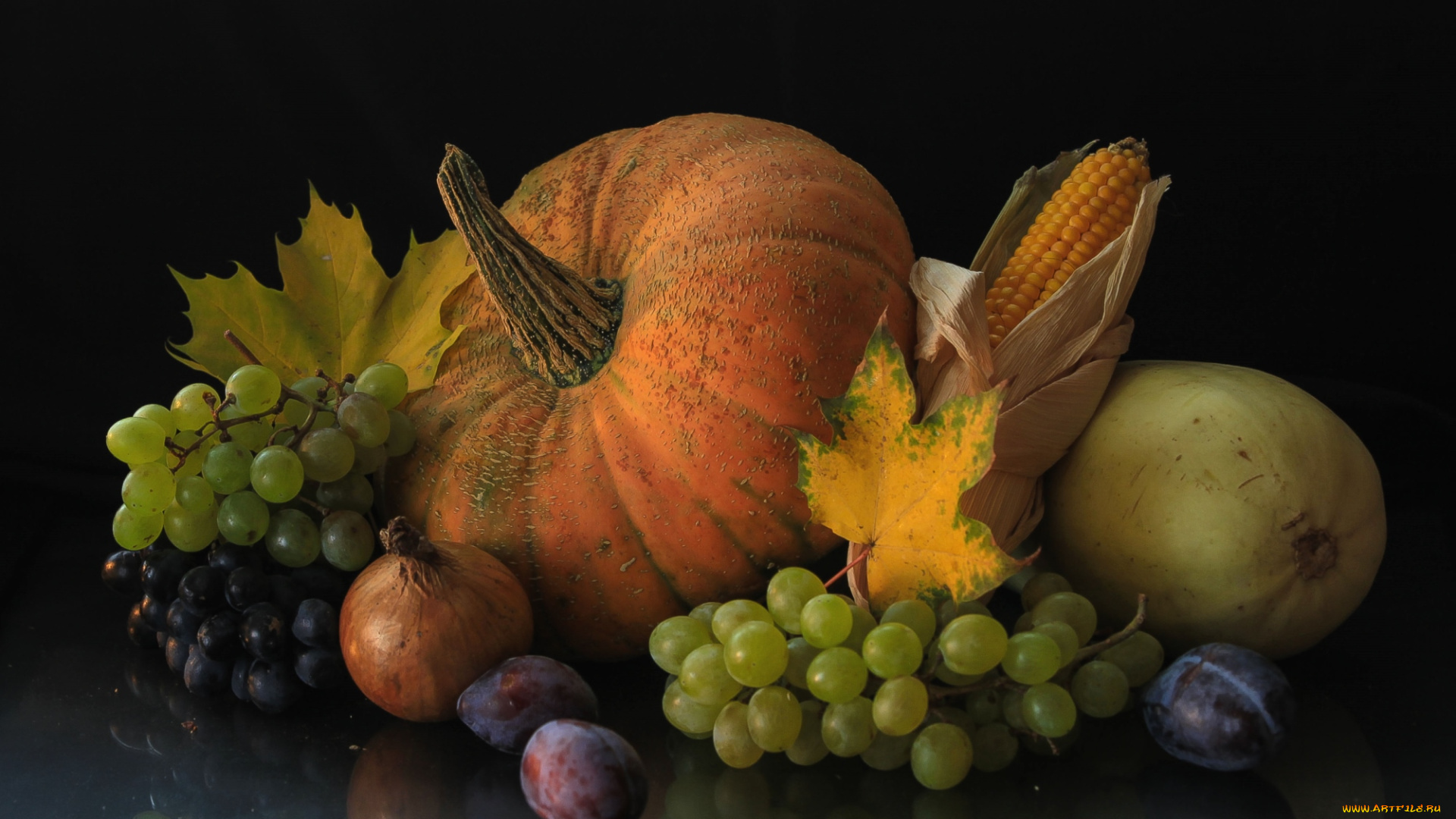 еда, фрукты, овощи, вместе, кабачок, кукуруза, сливы, виноград, тыква