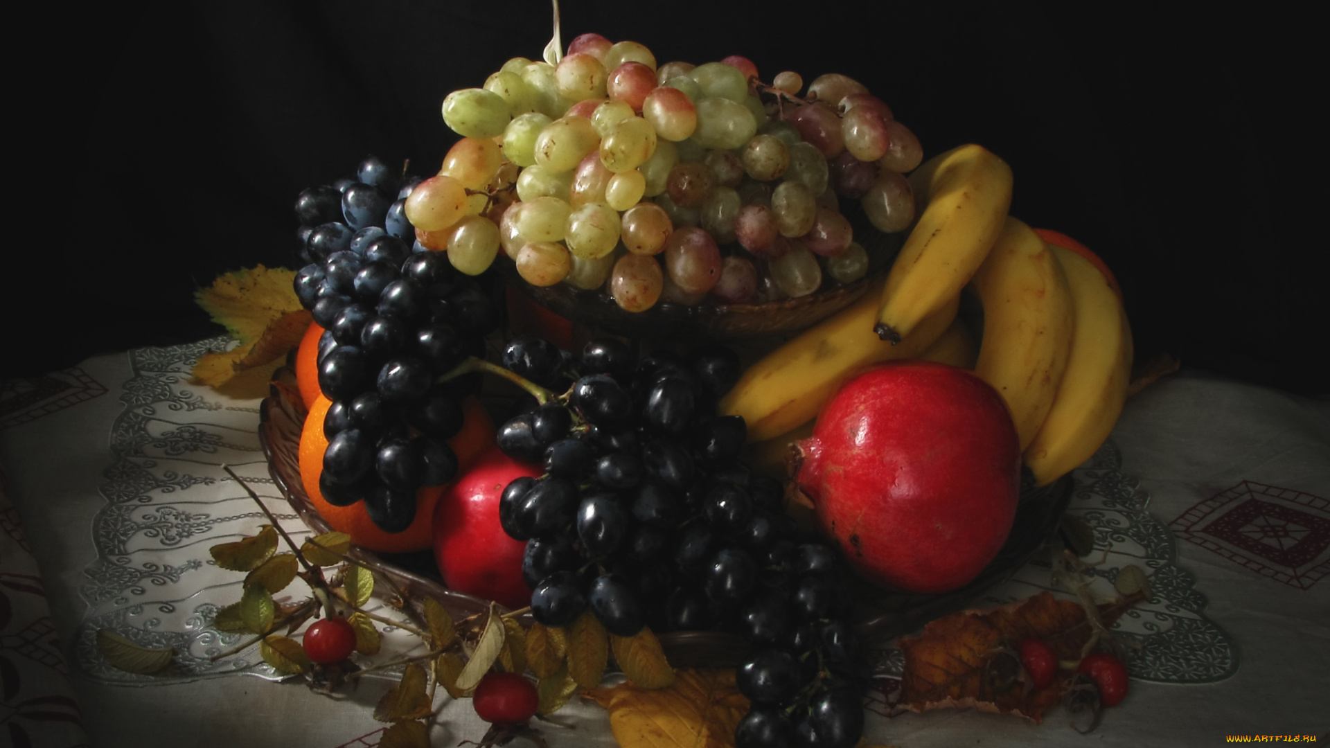 еда, фрукты, ягоды, виноград, гранаты, бананы