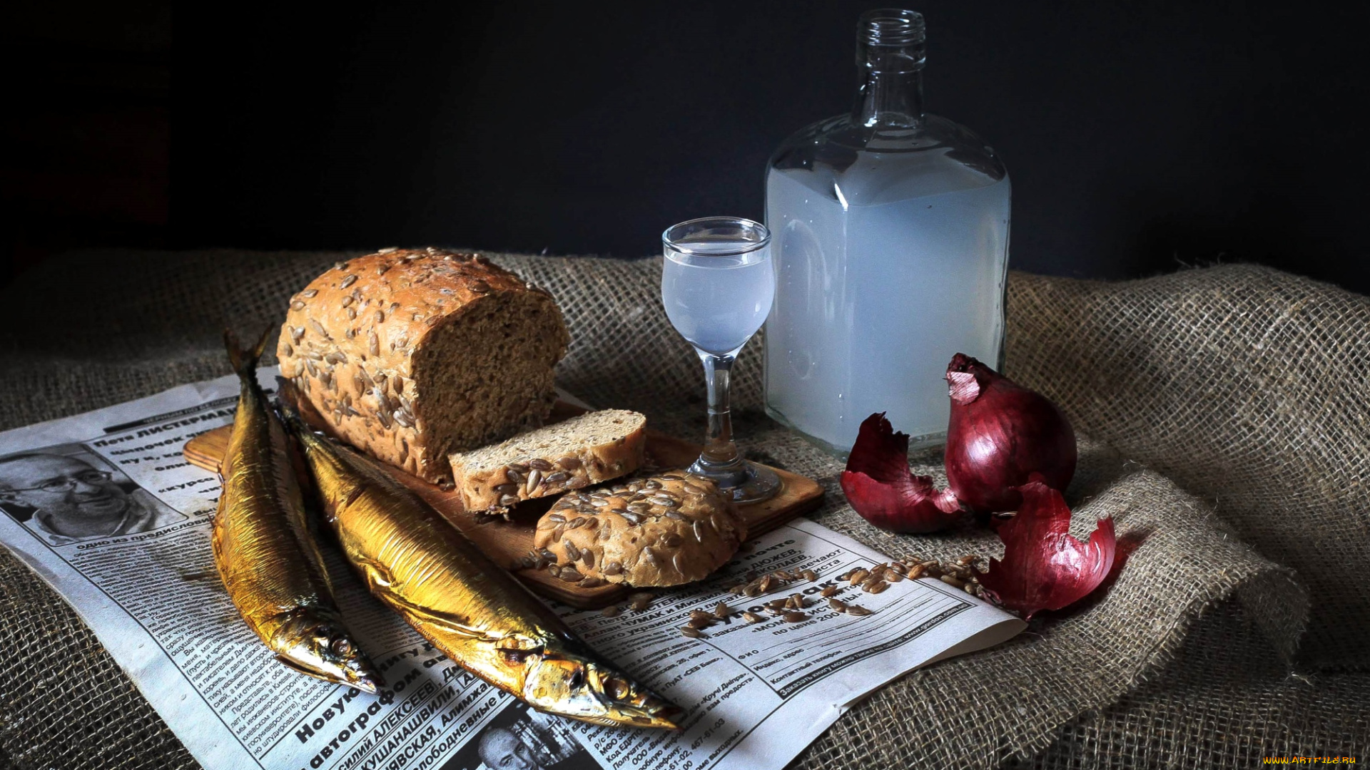 еда, натюрморт, хлеб, сельдь, самогон