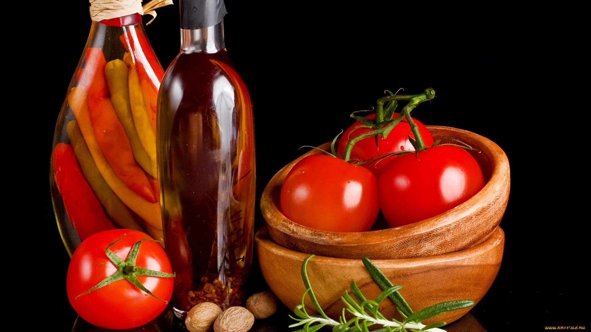 еда, натюрморт, миска, помидоры, перец, чеснок, орехи, масло, зелень