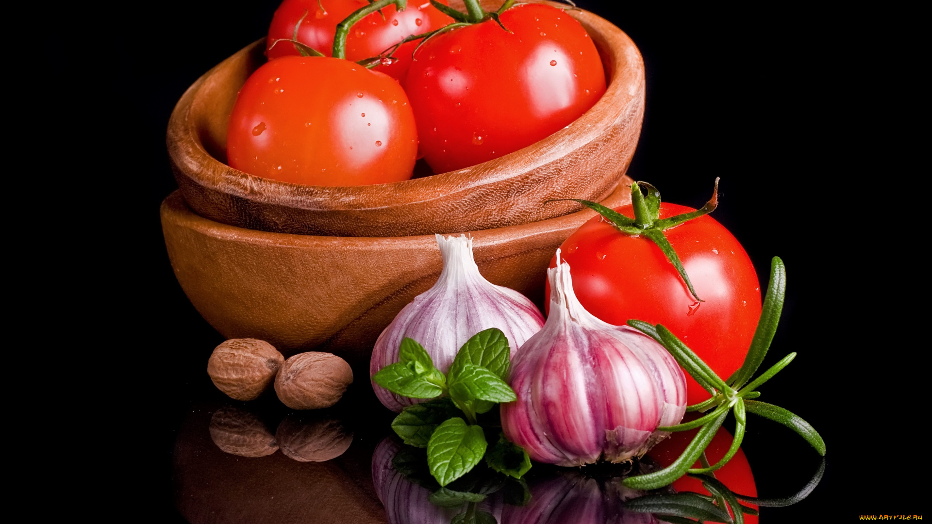 еда, овощи, миска, помидоры, чеснок, орехи
