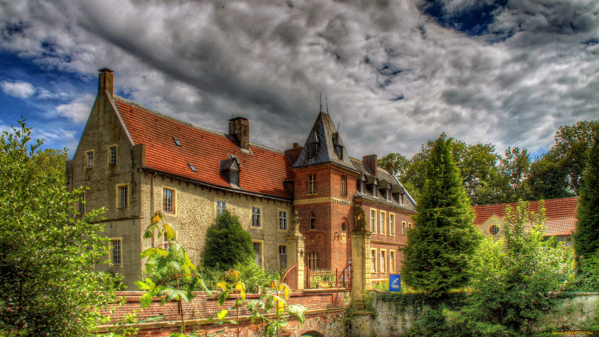 германия, замок, зенден, города, здания, дома, река, деревья, мост