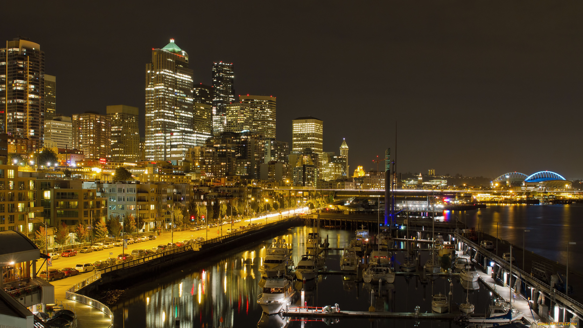 города, сиэтл, сша, ночь, город, река, мосты, пристань, яхты, ресторан, здания, огни
