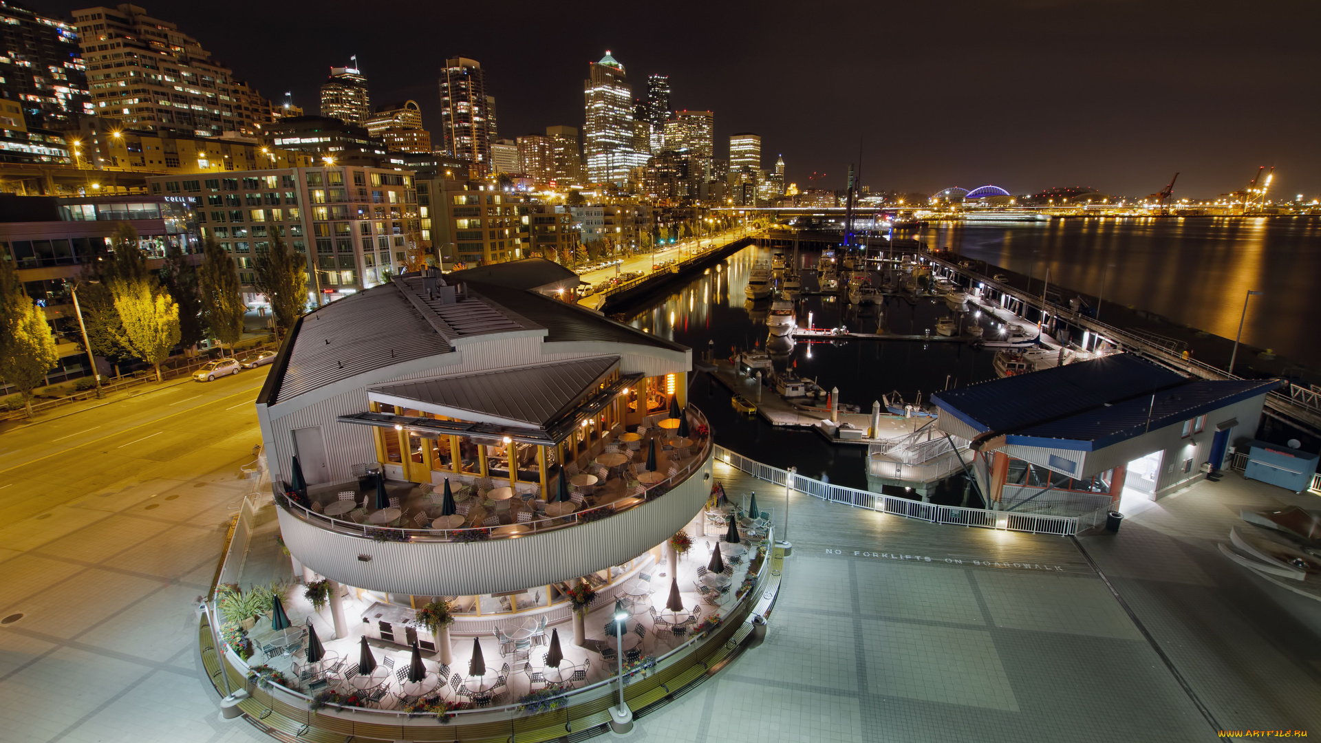 города, сиэтл, сша, ночь, город, река, мосты, пристань, яхты, ресторан, здания, огни