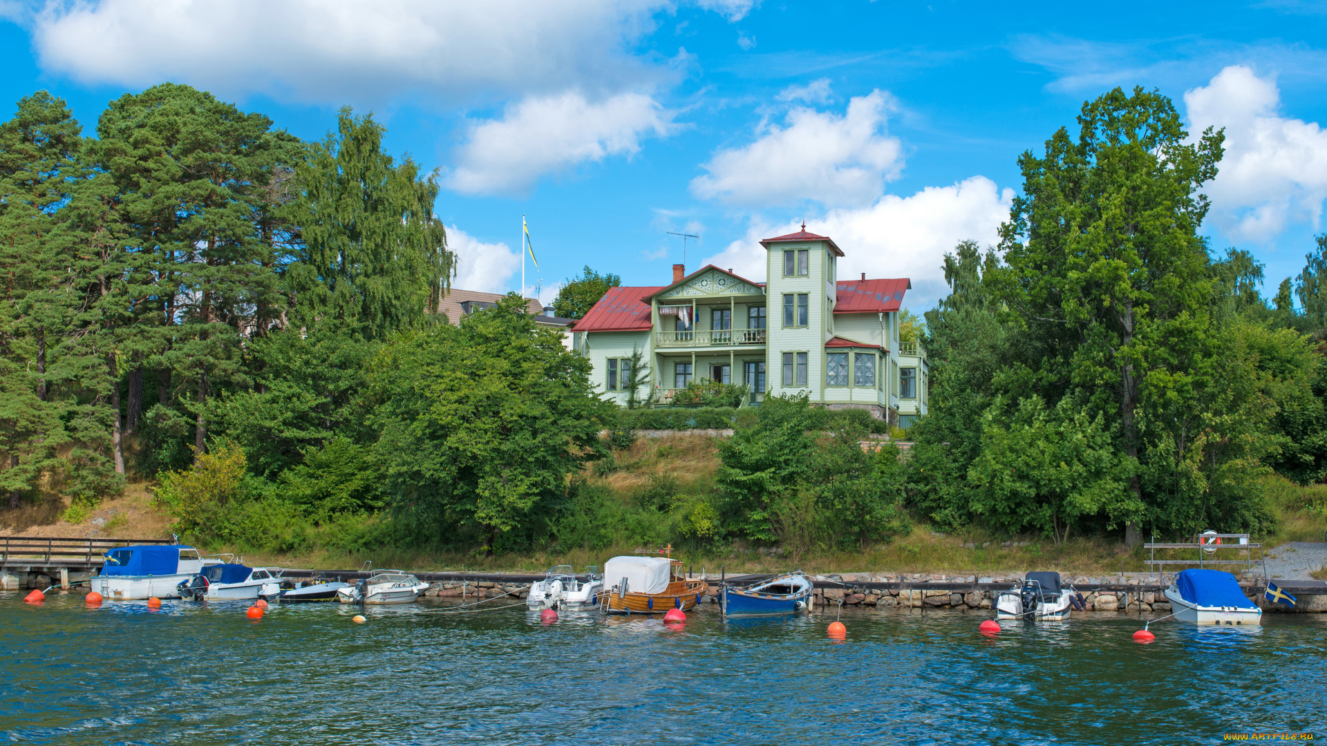 города, стокгольм, швеция, vaxholm, побережье, катера, дома, река