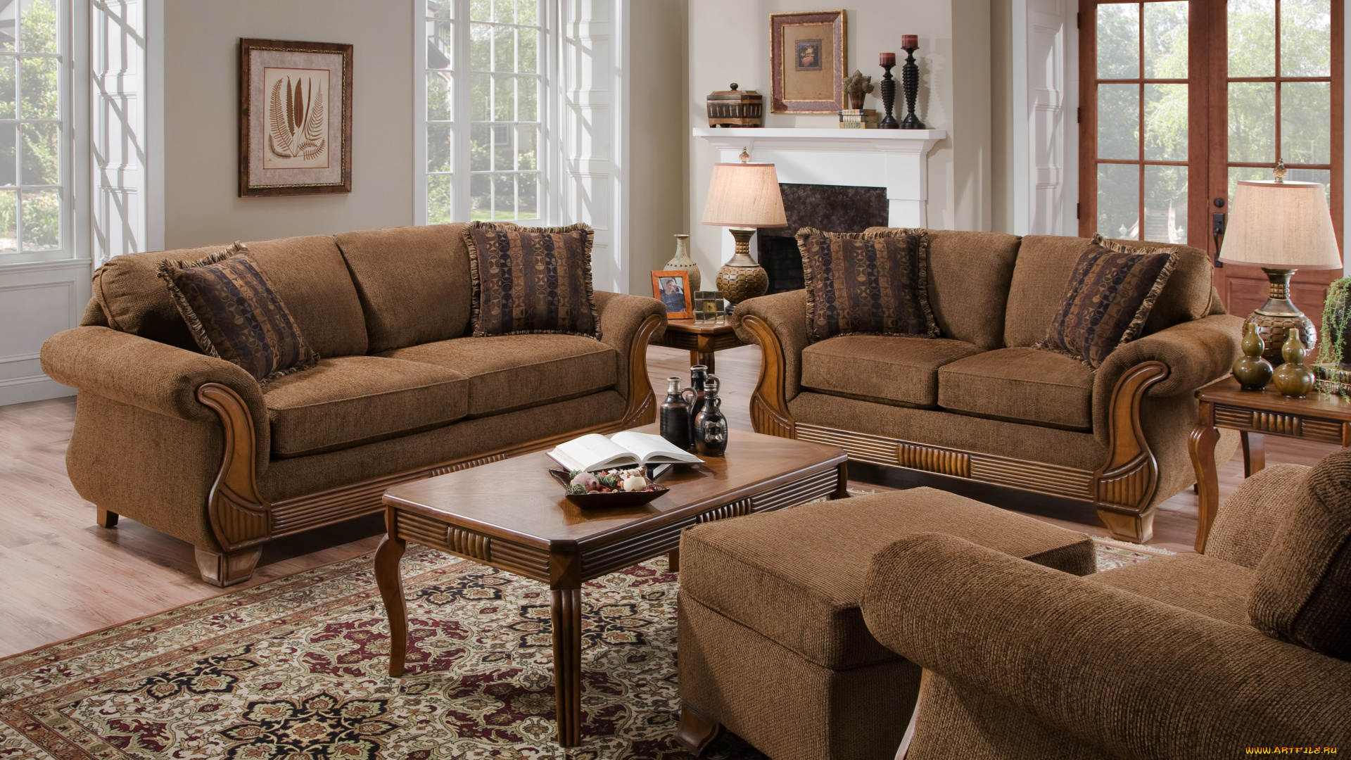 интерьер, гостиная, кресло, окна, комната, книга, статуэтки, вазы, пуфик, картины, диваны, стол