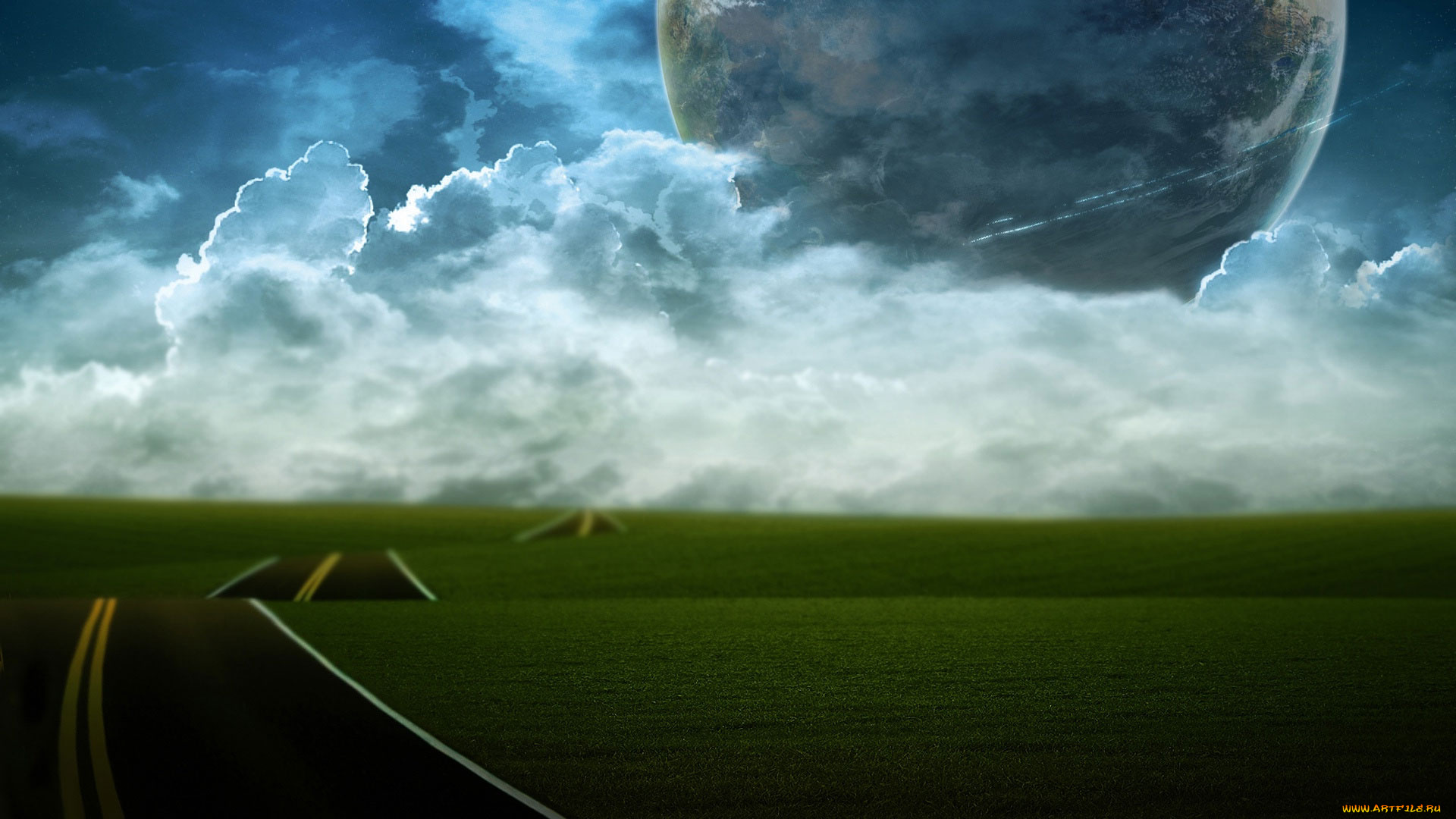 разное, компьютерный, дизайн, горизонт, облака, планета, трава, дорога, небо