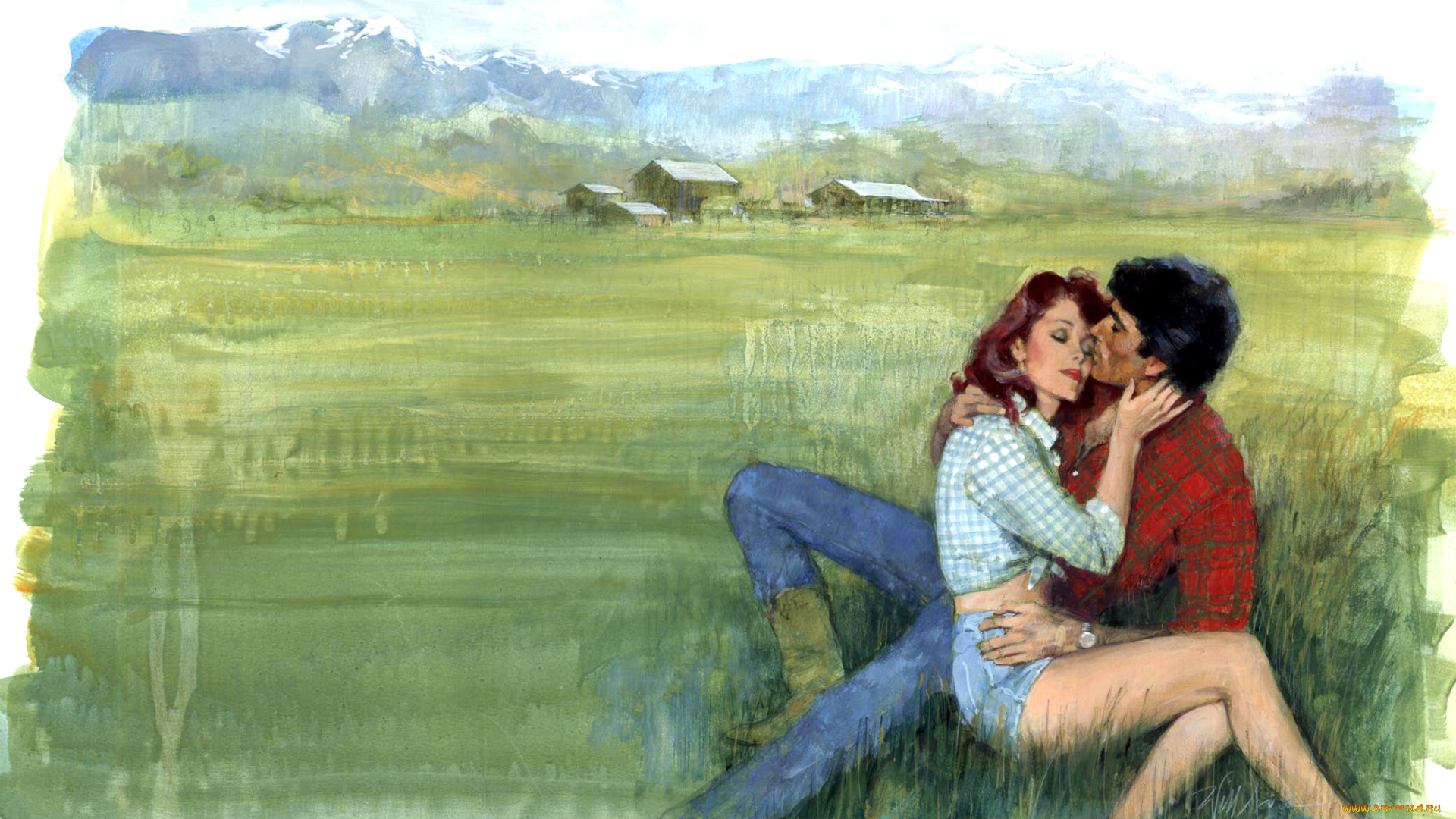 рисованные, люди, дома, любовь, женщина, горы, трава, нежность, мужчина, пара