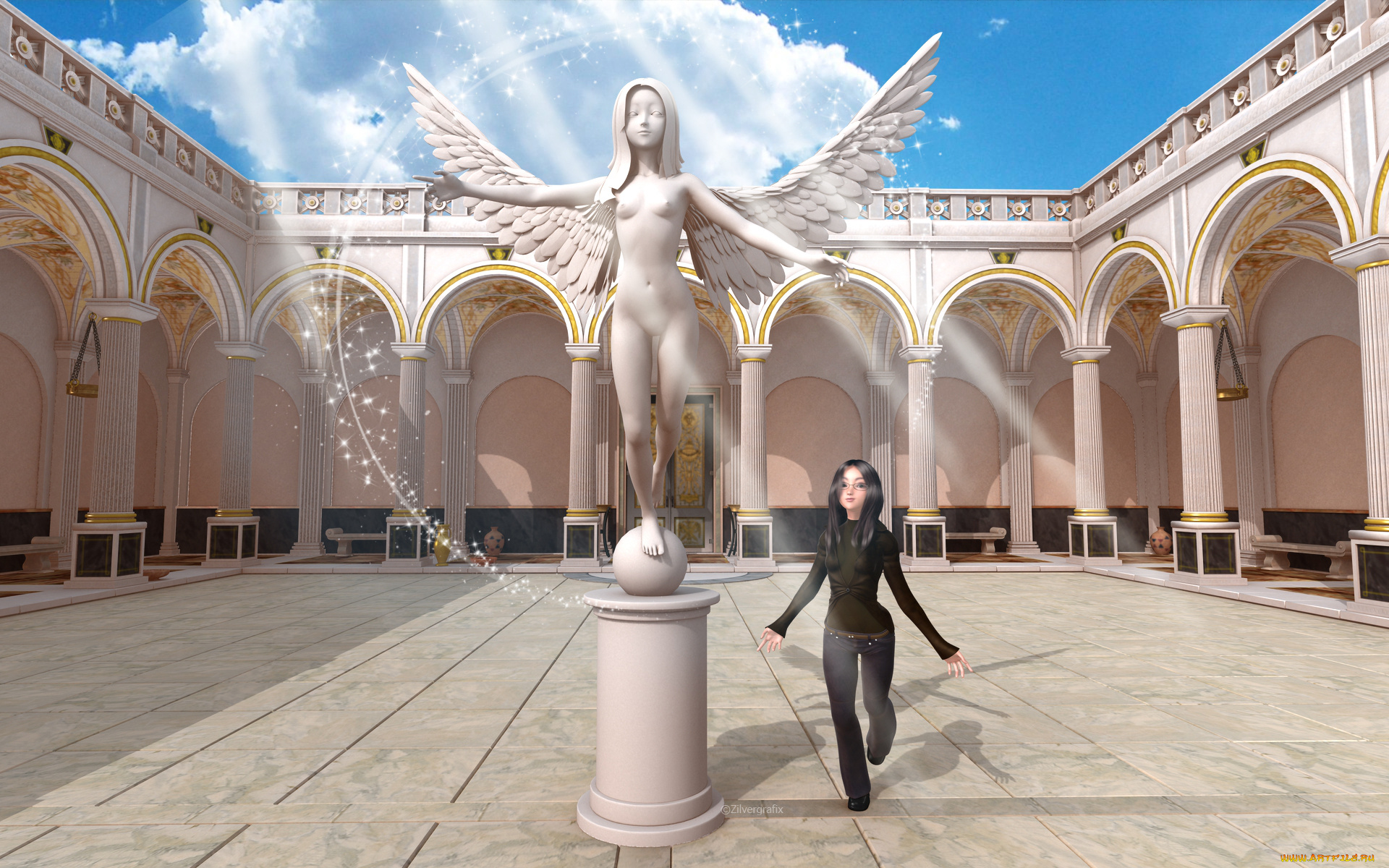 3д, графика, fantasy, фантазия, скульптура, ангел, дом, колонны, девушка