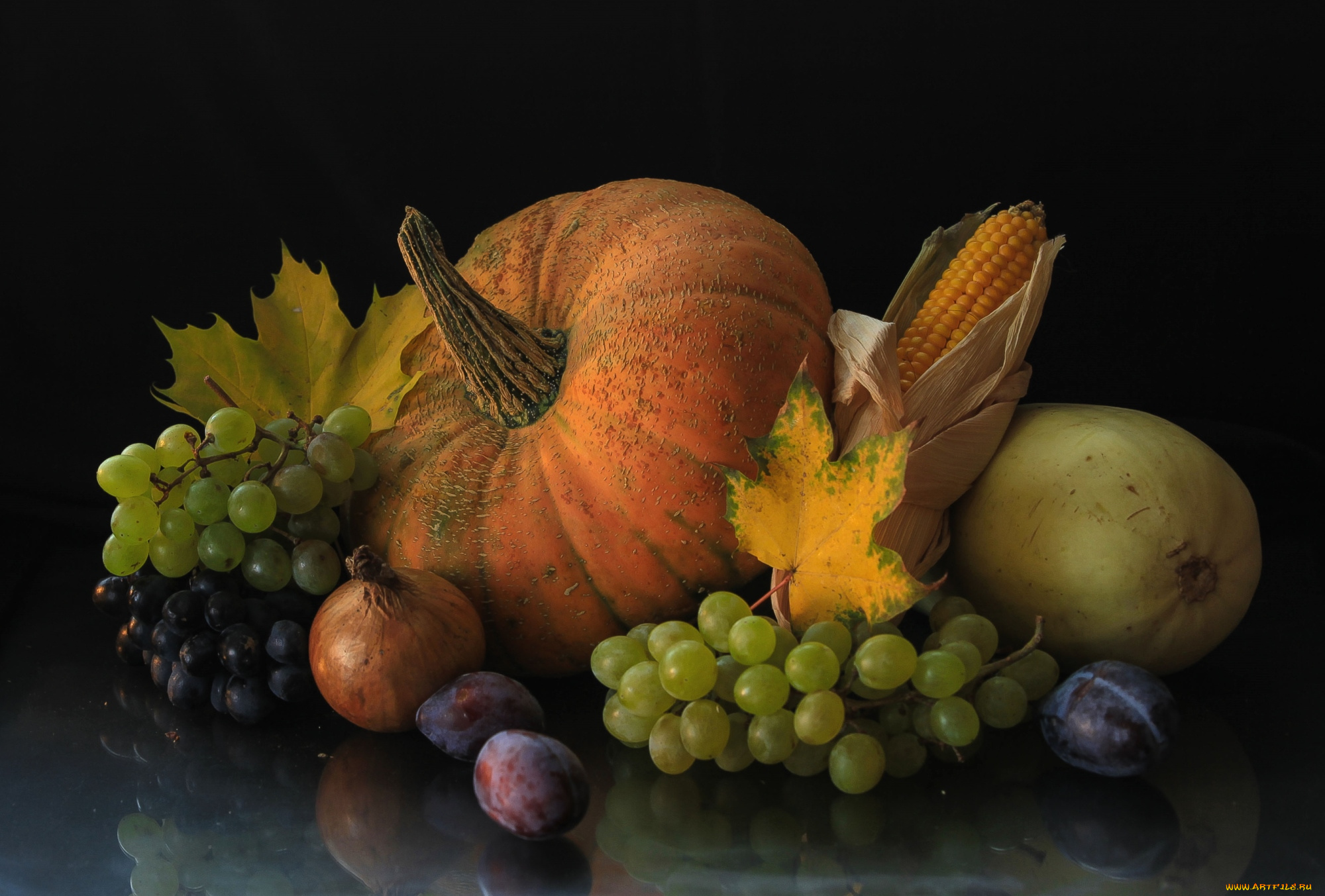 еда, фрукты, овощи, вместе, кабачок, кукуруза, сливы, виноград, тыква