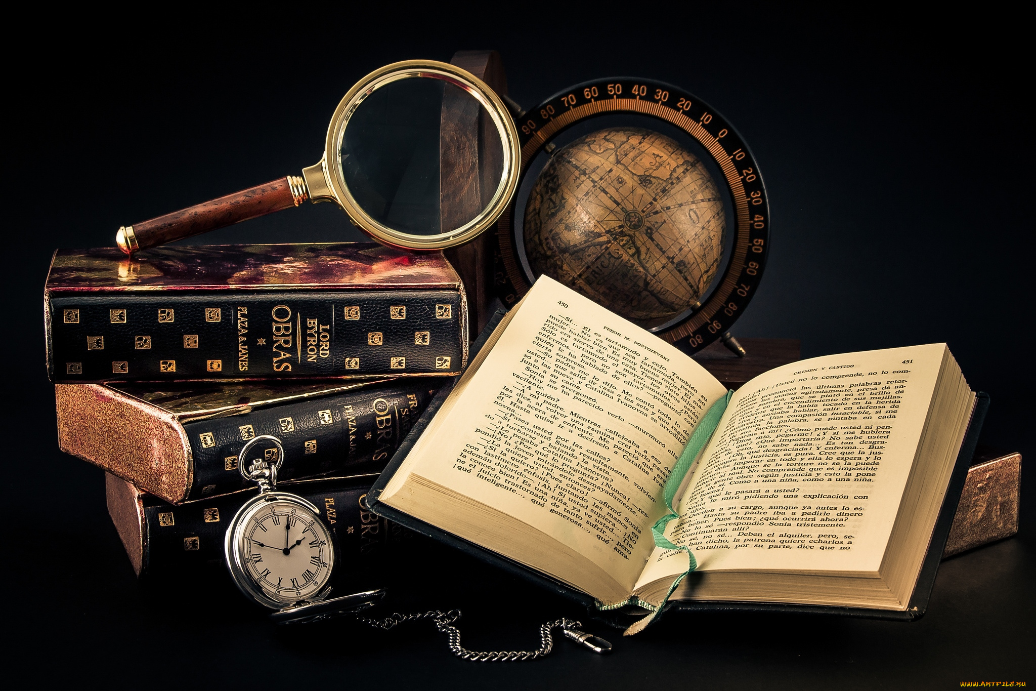 разное, канцелярия, книги, лупа, часы, глобус, книга