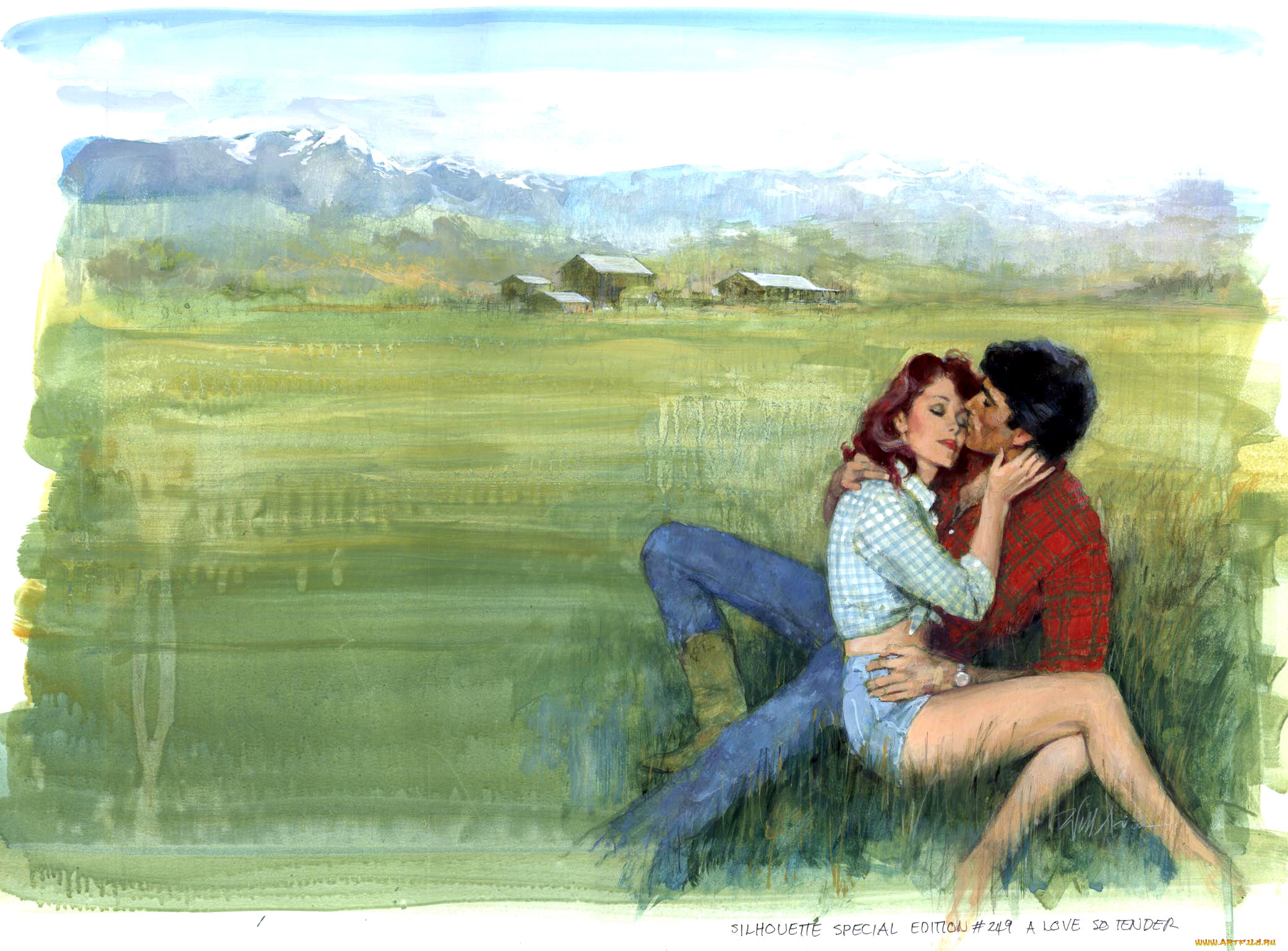 рисованные, люди, дома, любовь, женщина, горы, трава, нежность, мужчина, пара