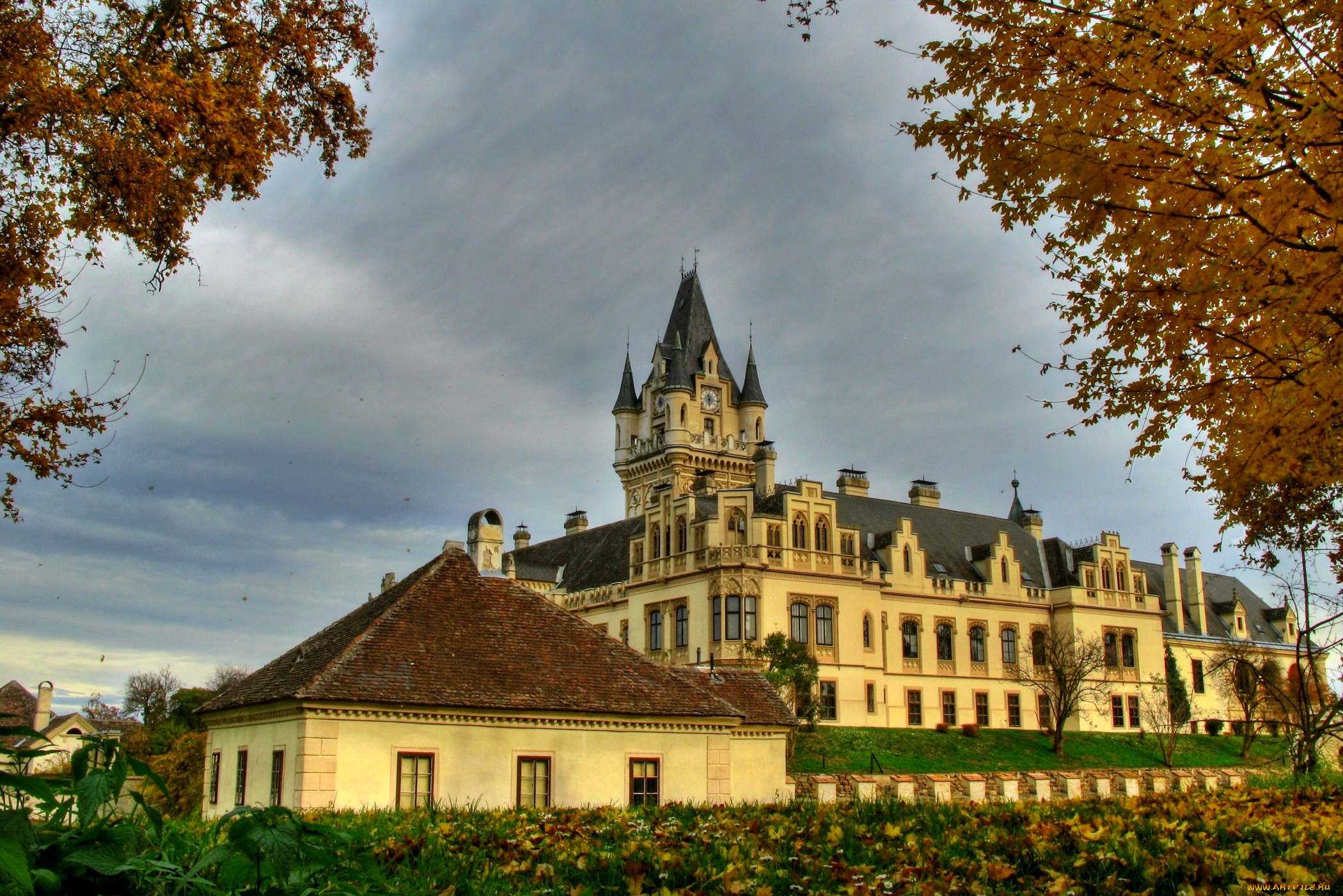 города, дворцы, замки, крепости, замок, листва, трава, парк, осень, austria