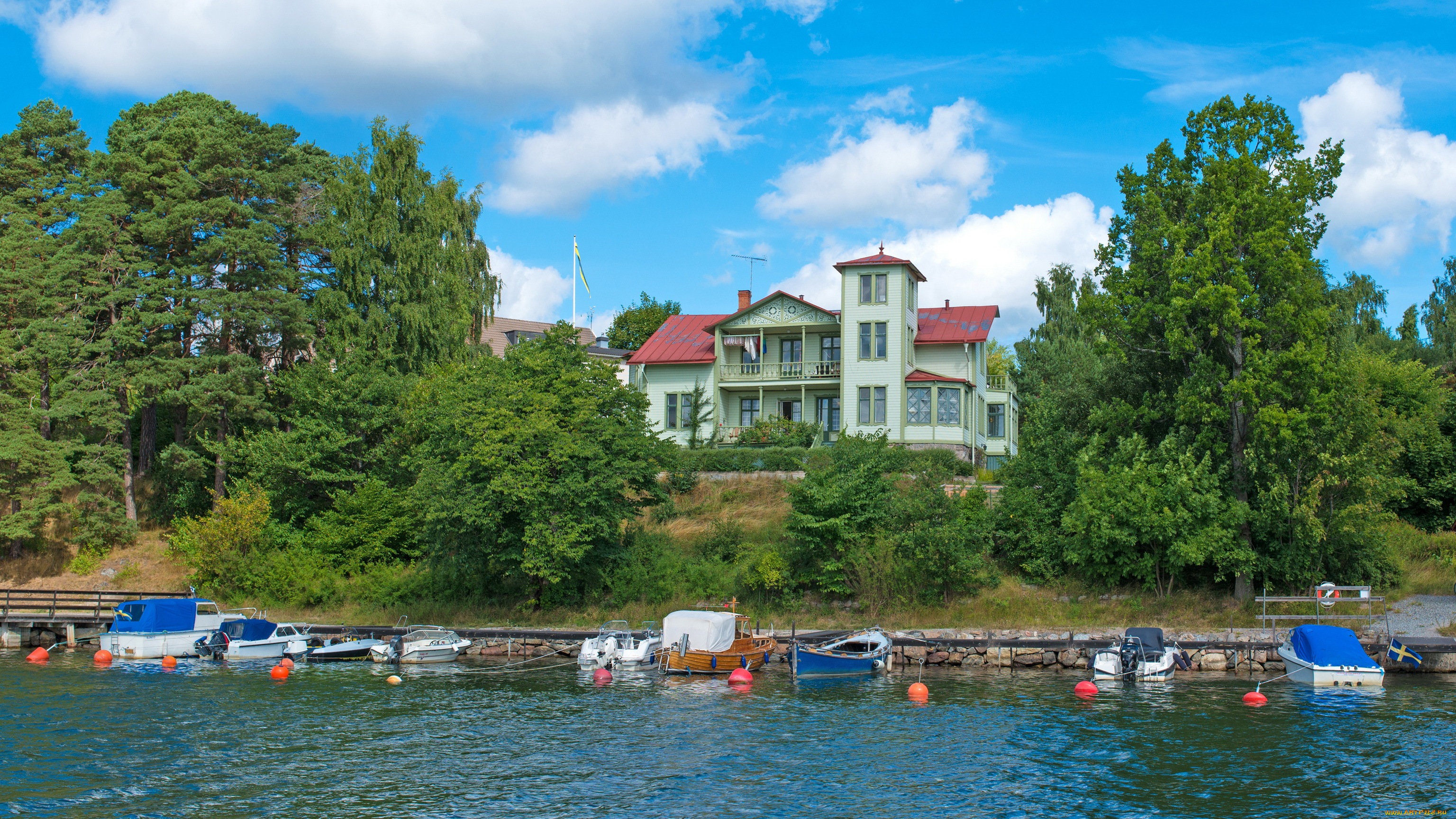 города, стокгольм, швеция, vaxholm, побережье, катера, дома, река