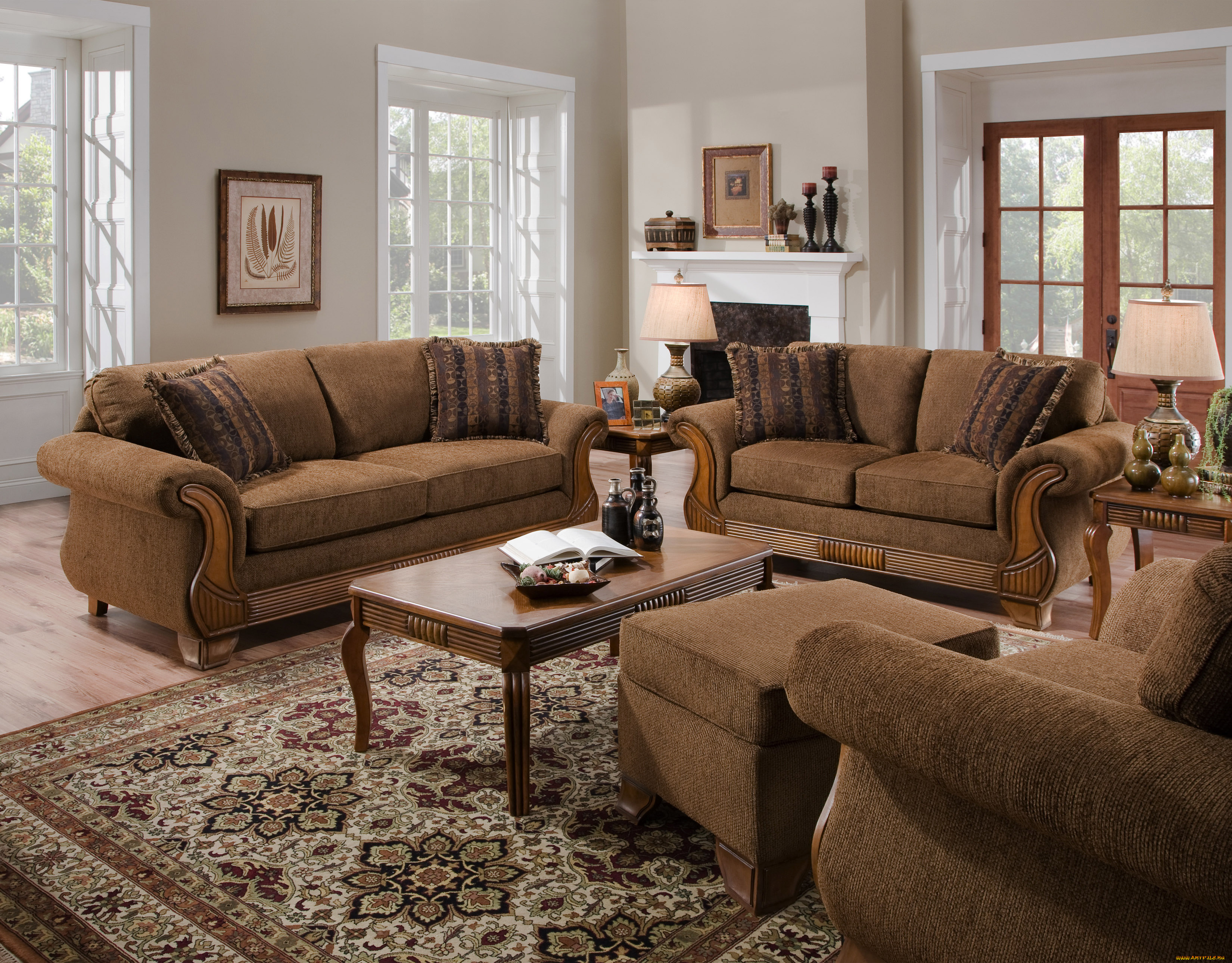 интерьер, гостиная, кресло, окна, комната, книга, статуэтки, вазы, пуфик, картины, диваны, стол