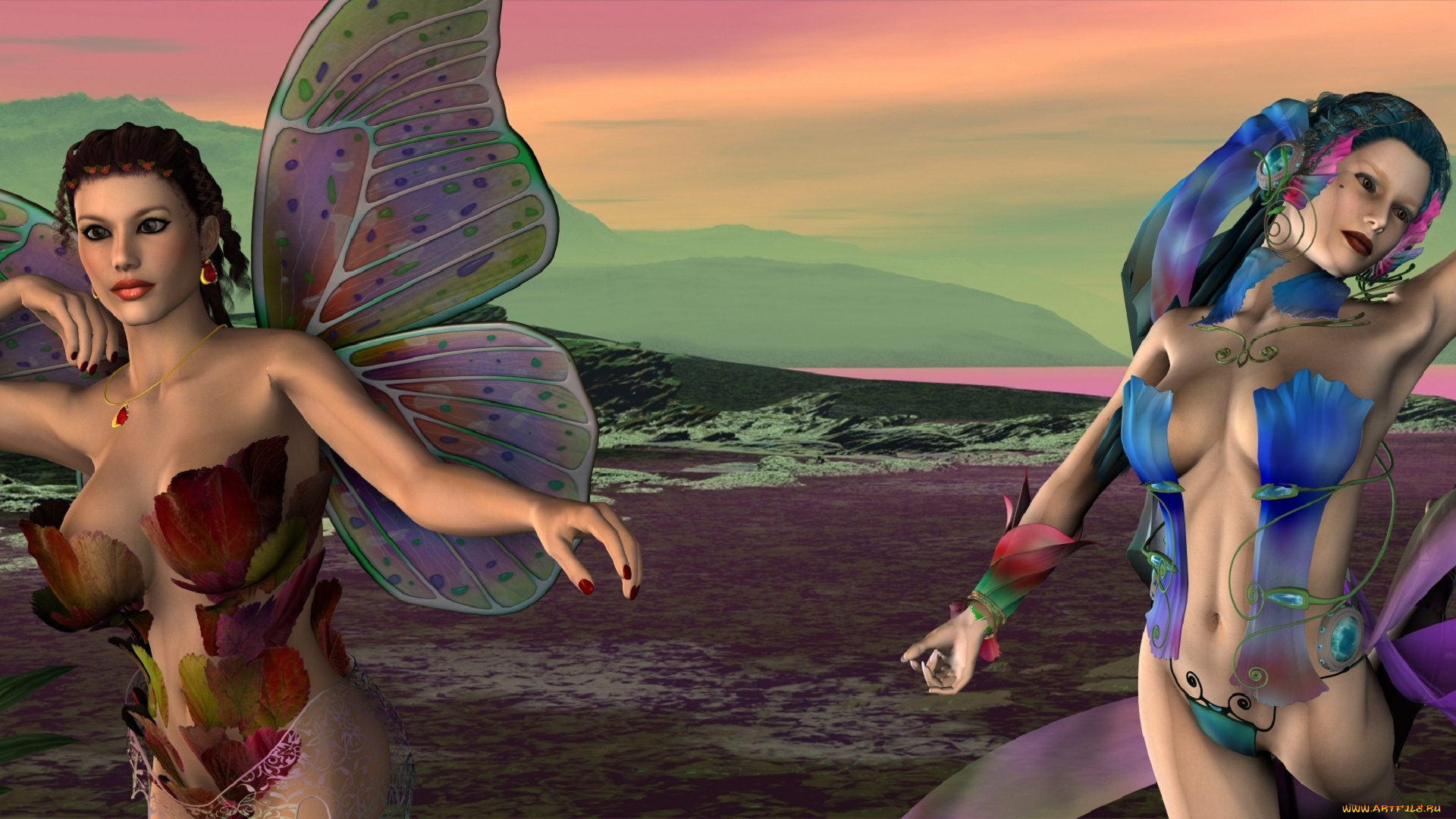 3д, графика, эльфы, , elves, фон, взгляд, феи