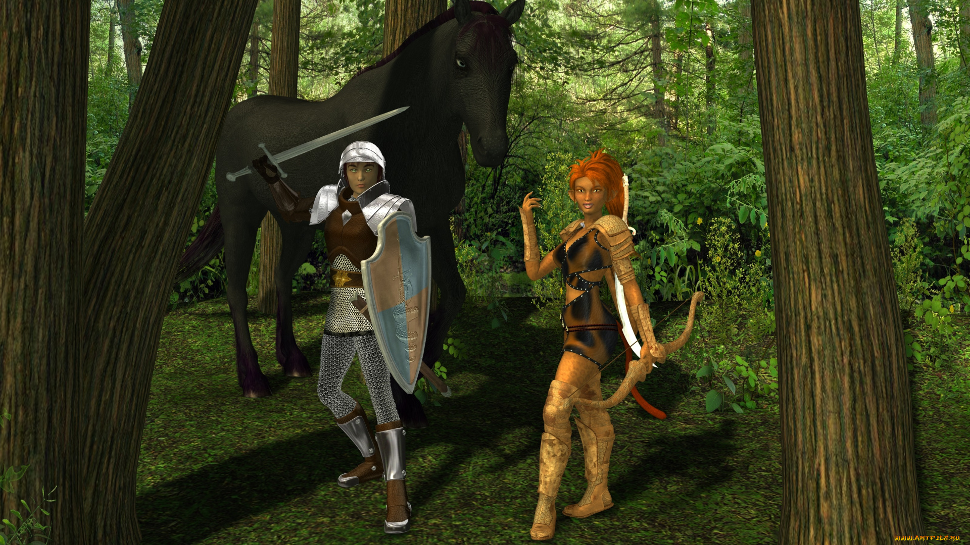 3д, графика, эльфы, , elves, взгляд, лес, оружие, фон, лошадь, эльфийки