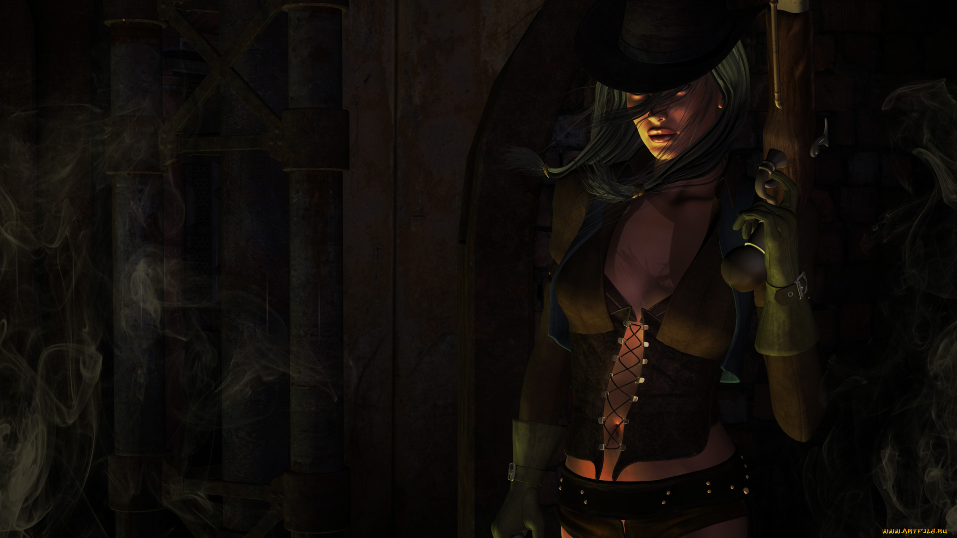 3д, графика, фантазия, , fantasy, оружие, девушка, взгляд, фон