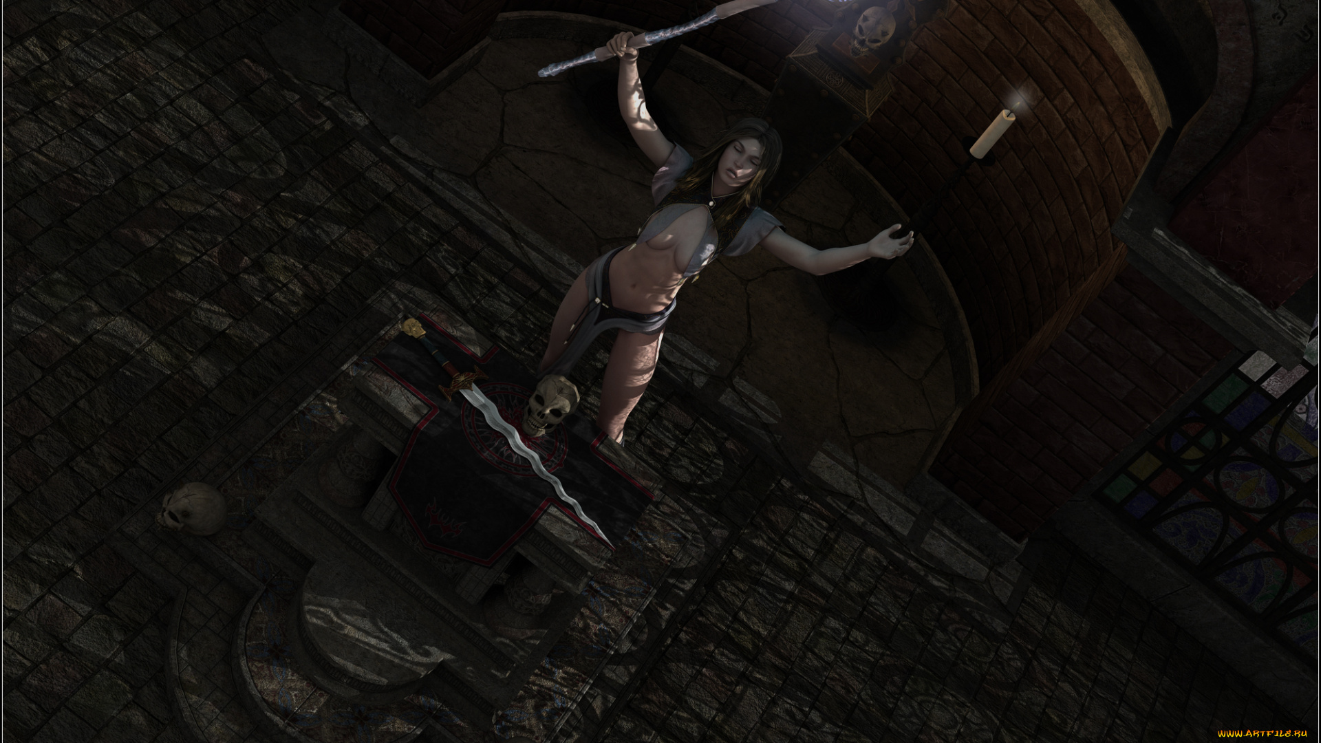 3д, графика, фантазия, , fantasy, шест, свеча, череп, фон, взгляд, девушка