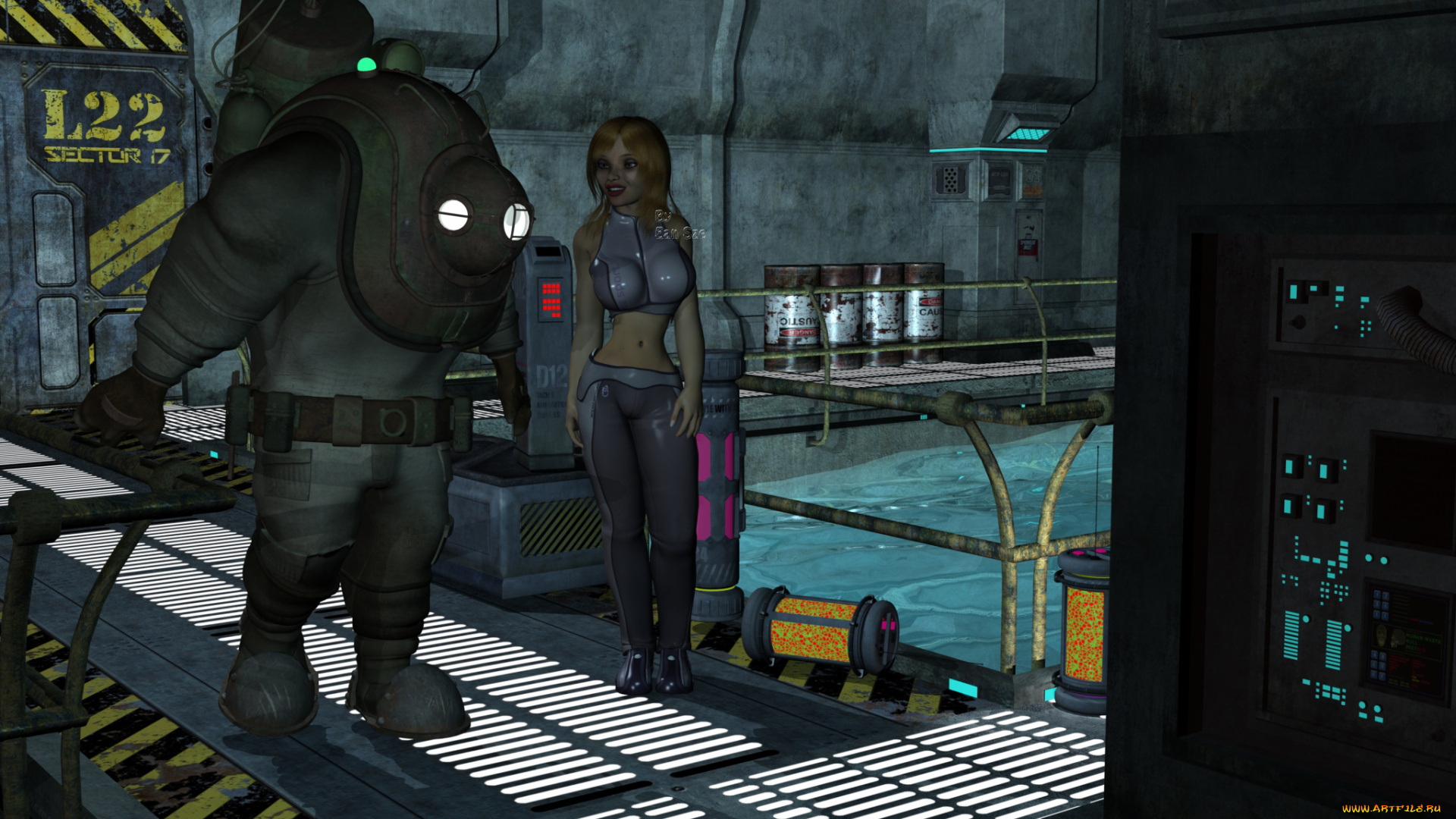 3д, графика, фантазия, , fantasy, взгляд, девушка, бассейн, фон