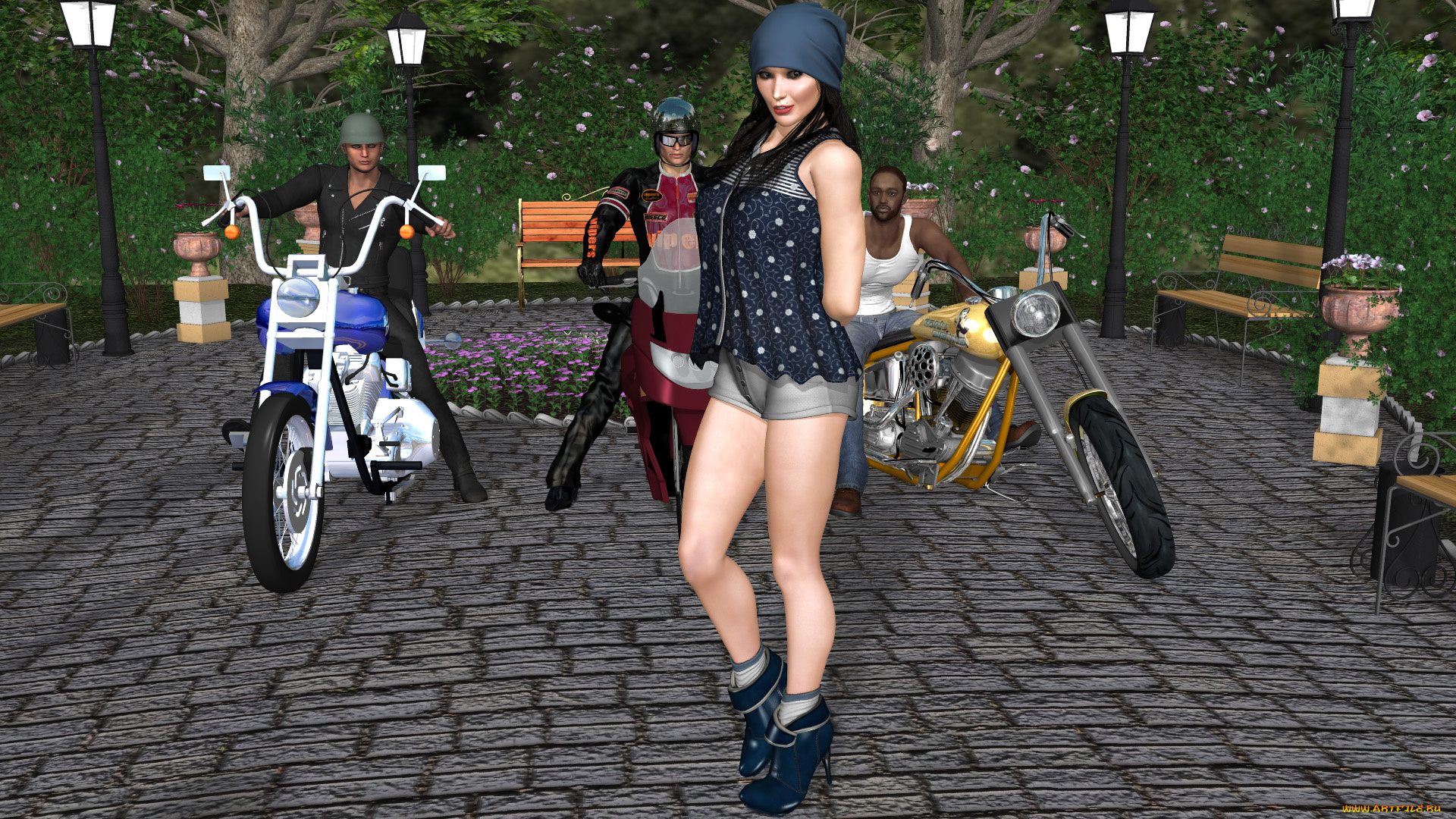 3д, графика, люди, , people, байкеры, фон, взгляд, девушка