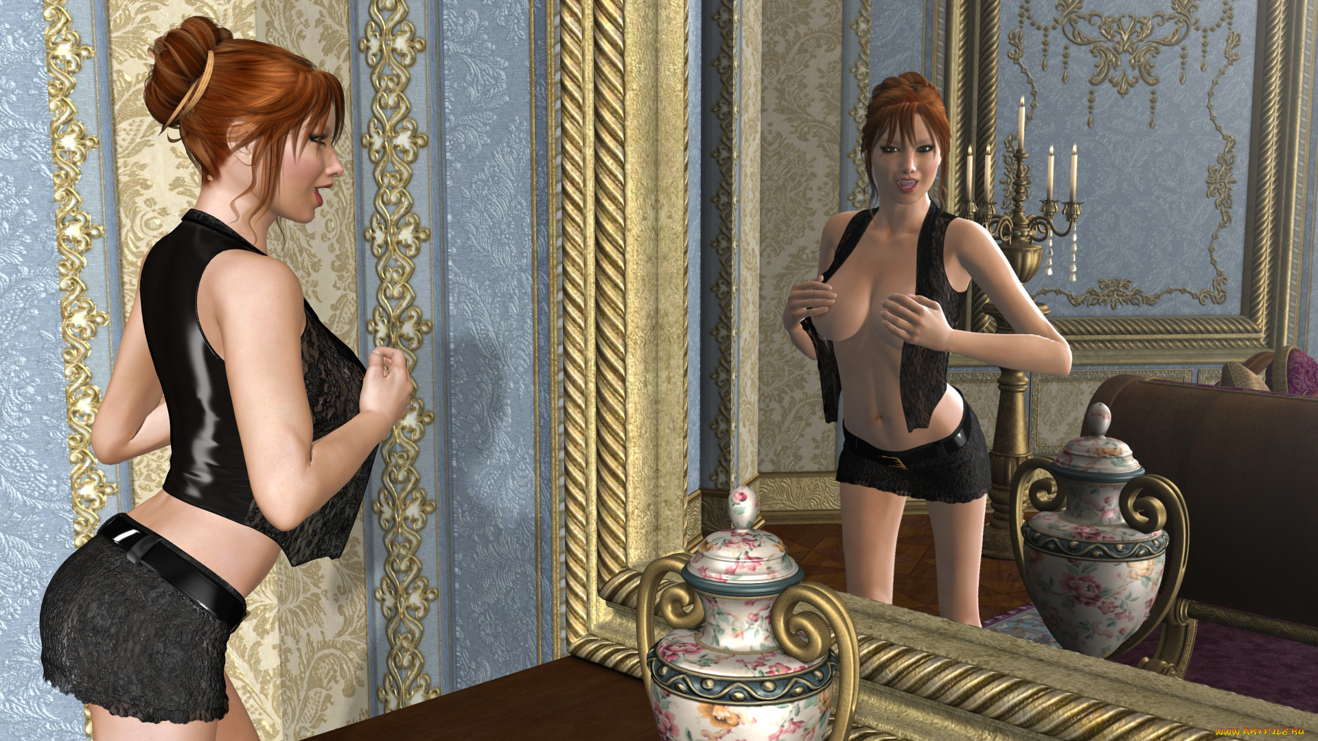 3д, графика, люди, , people, девушка, взгляд, фон, улыбка, зеркало