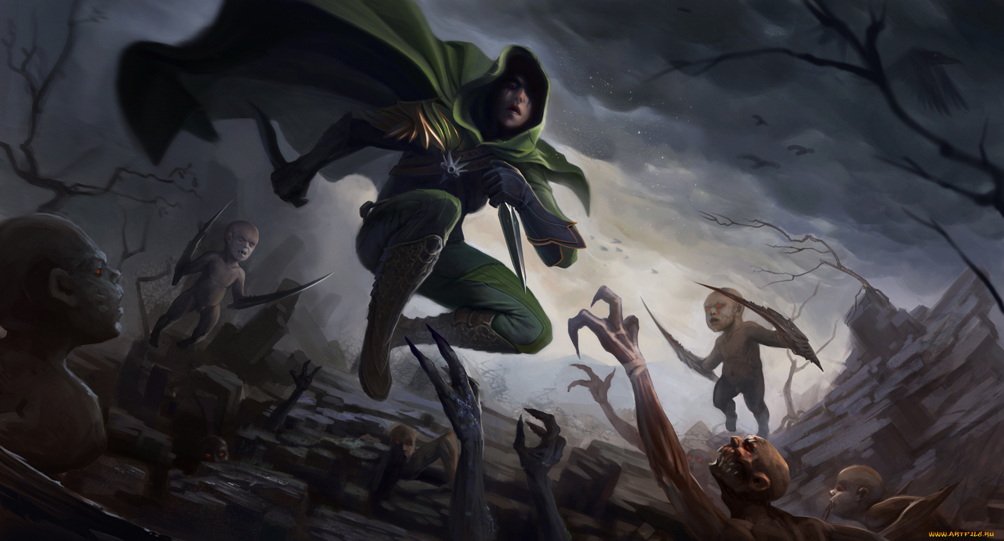 фэнтези, нежить, девушка, плащ, монстры, кинжал, ночь, капюшон, смерть